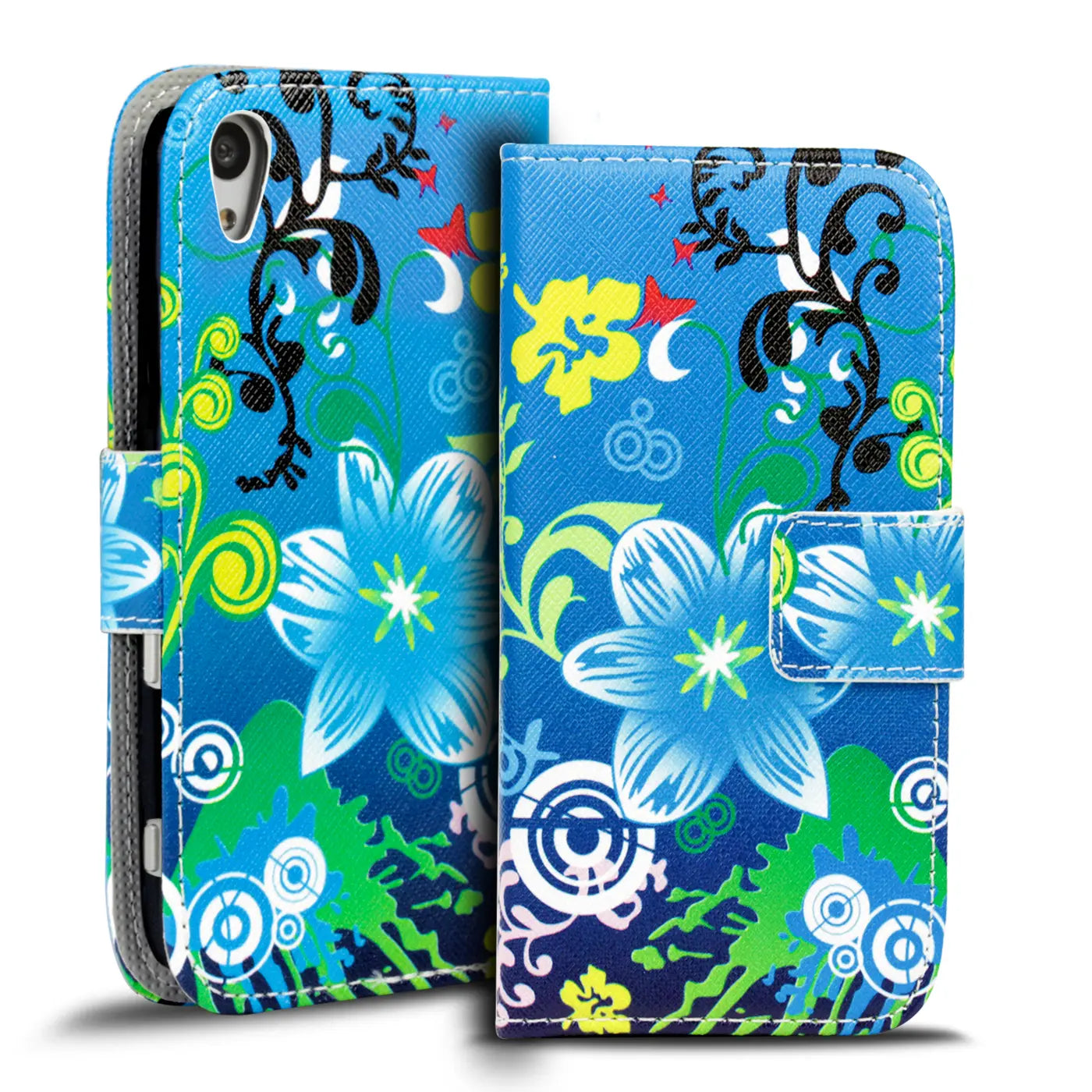 Blaue Klapphülle aus Leder für Sony Xperia Z3+ mit Blumenmuster, von vorne