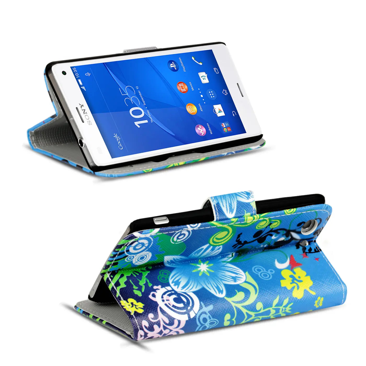 Sony Xperia Z3+ Klapphülle, blau mit Blumenmuster, Leder-Optik, Vorder- und Rückansicht