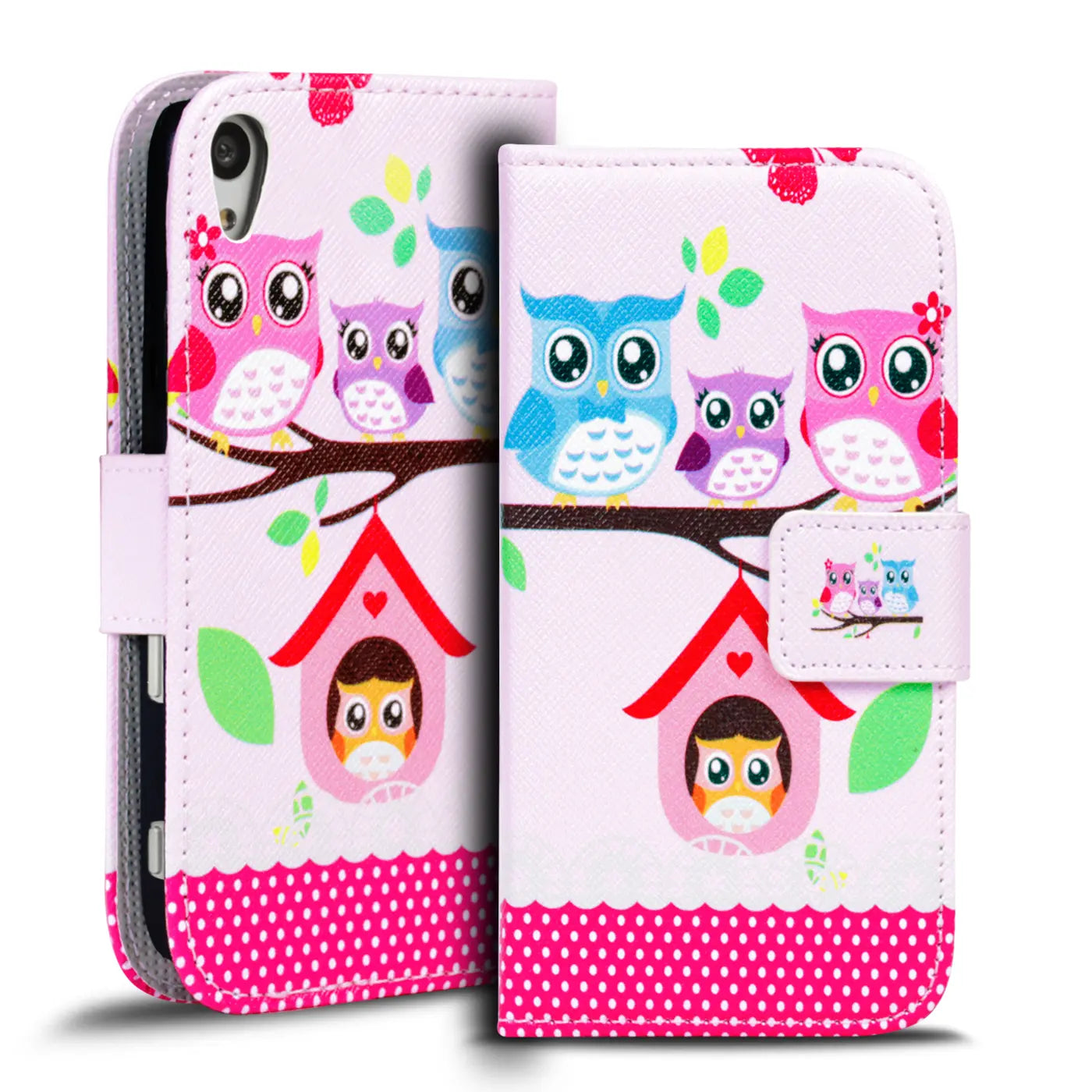 Sony Xperia Z3+ Klapphülle, pink, Kunstleder, Eulenmotiv, Kartenfach