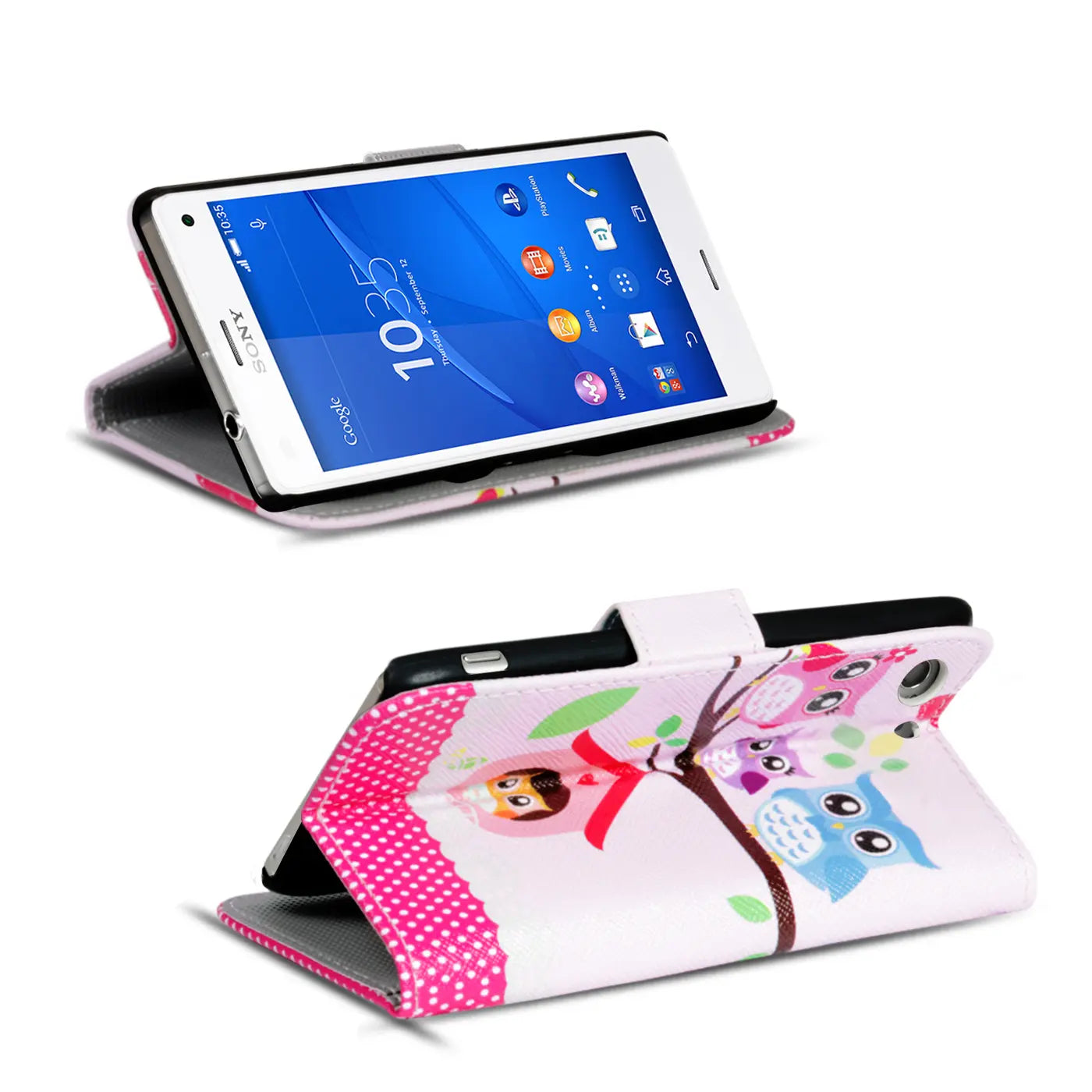 Sony Xperia Z3+ Klapphülle, weiß, mit Eulenmotiv, Kartenfach, von vorne