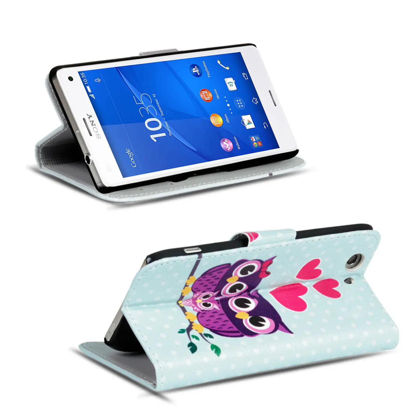 Sony Xperia Z3+ Klapphülle, hellblau, Kunstleder, Eulenmotiv, Kartenfach