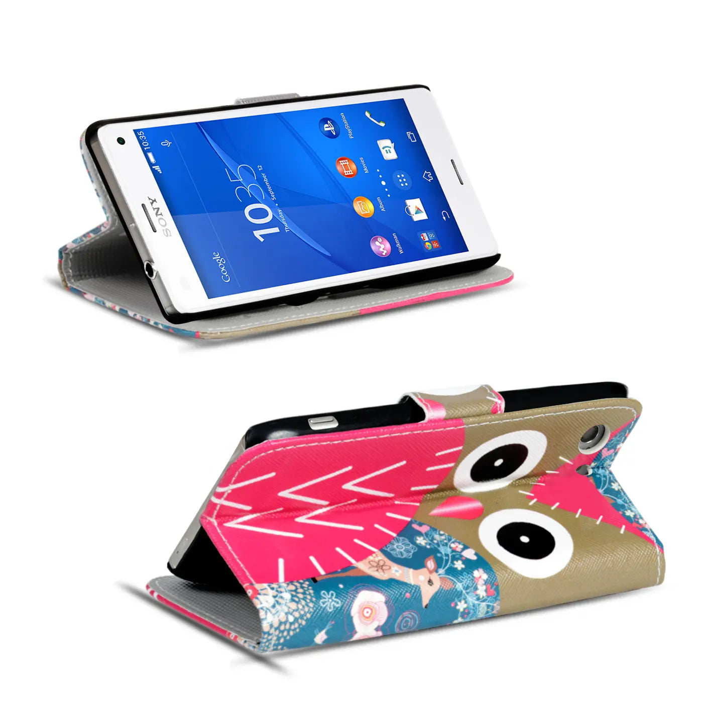 Sony Xperia Z3+ Klapphülle, Motiv Eule, Kunstleder, von vorne und oben gezeigt.