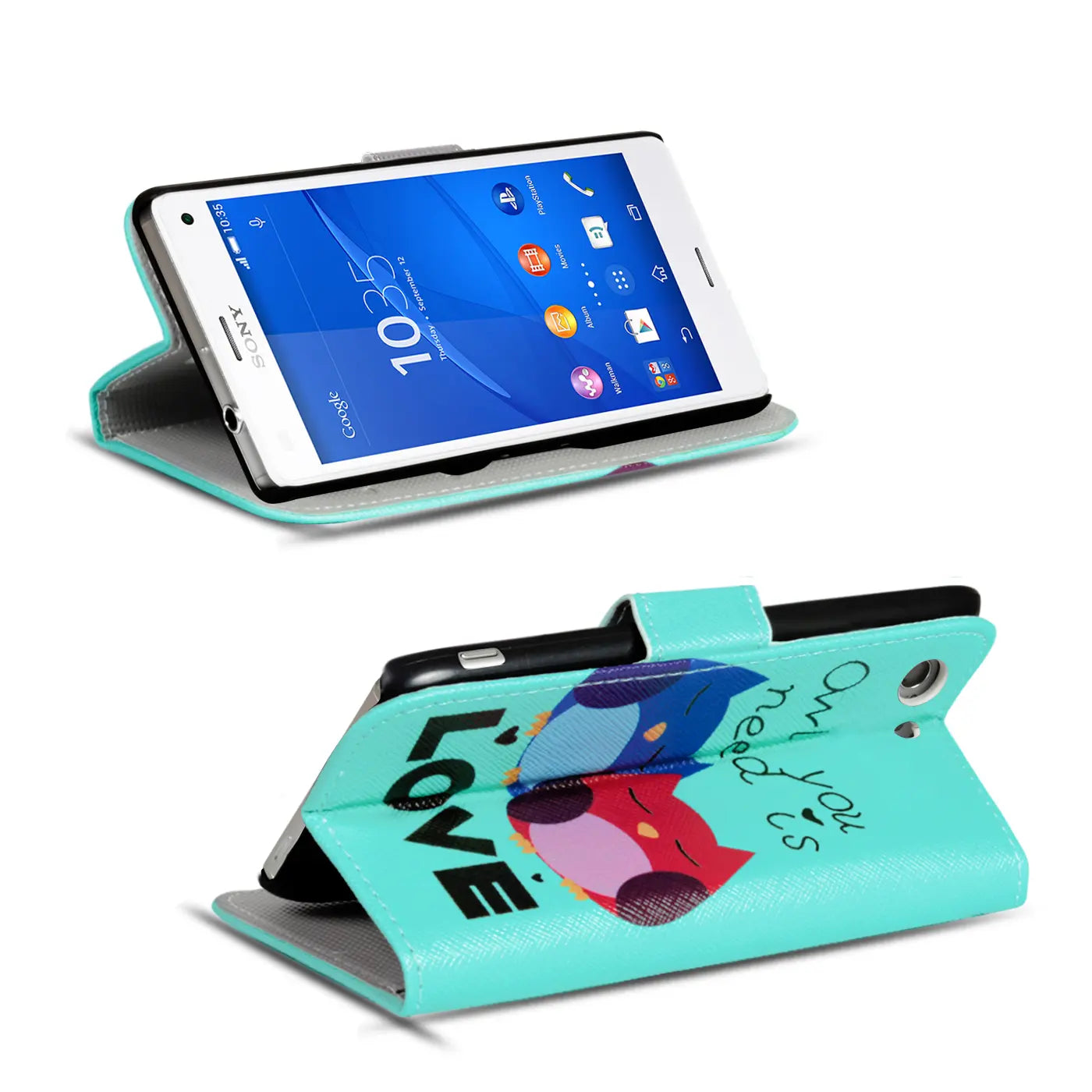 Türkisblaue Klapphülle mit Eulenmotiv, Kunstleder, Sony Xperia Z3+ von vorne und hinten.