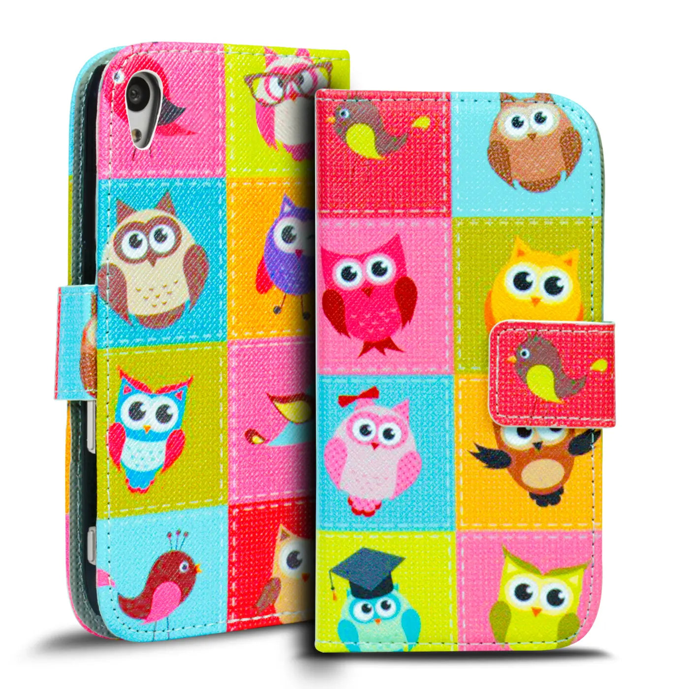 Bunte Klapphülle mit Eulenmotiv, Leder, Vorderansicht, Sony Xperia Z3+
