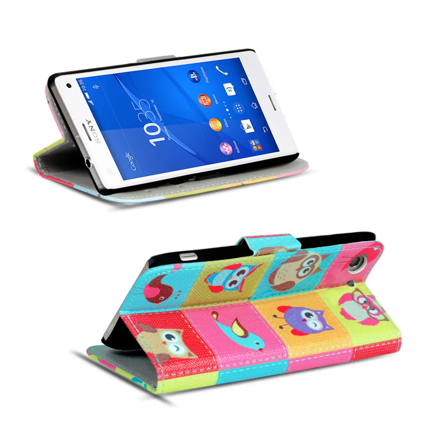 Sony Xperia Z3+ Klapphülle, bunt, Stoff, Vogelmotiv, von vorne