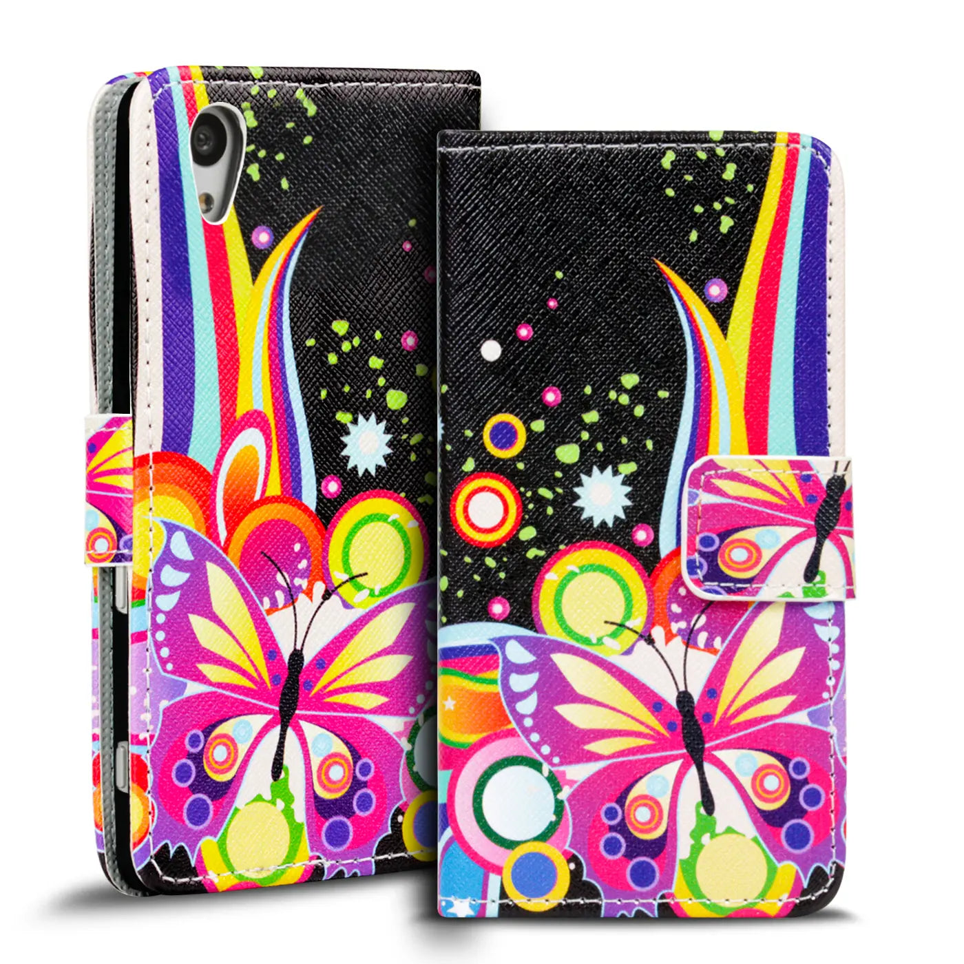 Bunte Klapphülle mit Schmetterlingsmotiv für Sony Xperia Z3+, Leder, Vorderansicht.