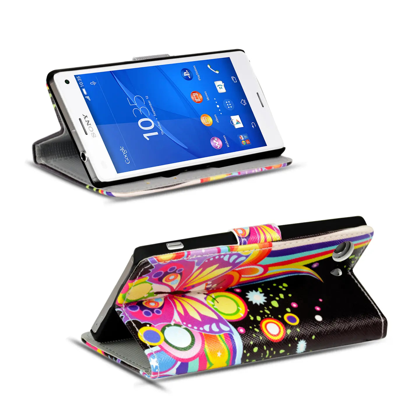 Sony Xperia Z3+ Klapphülle, buntes Schmetterlingsmotiv, Kunstleder, von vorne/oben