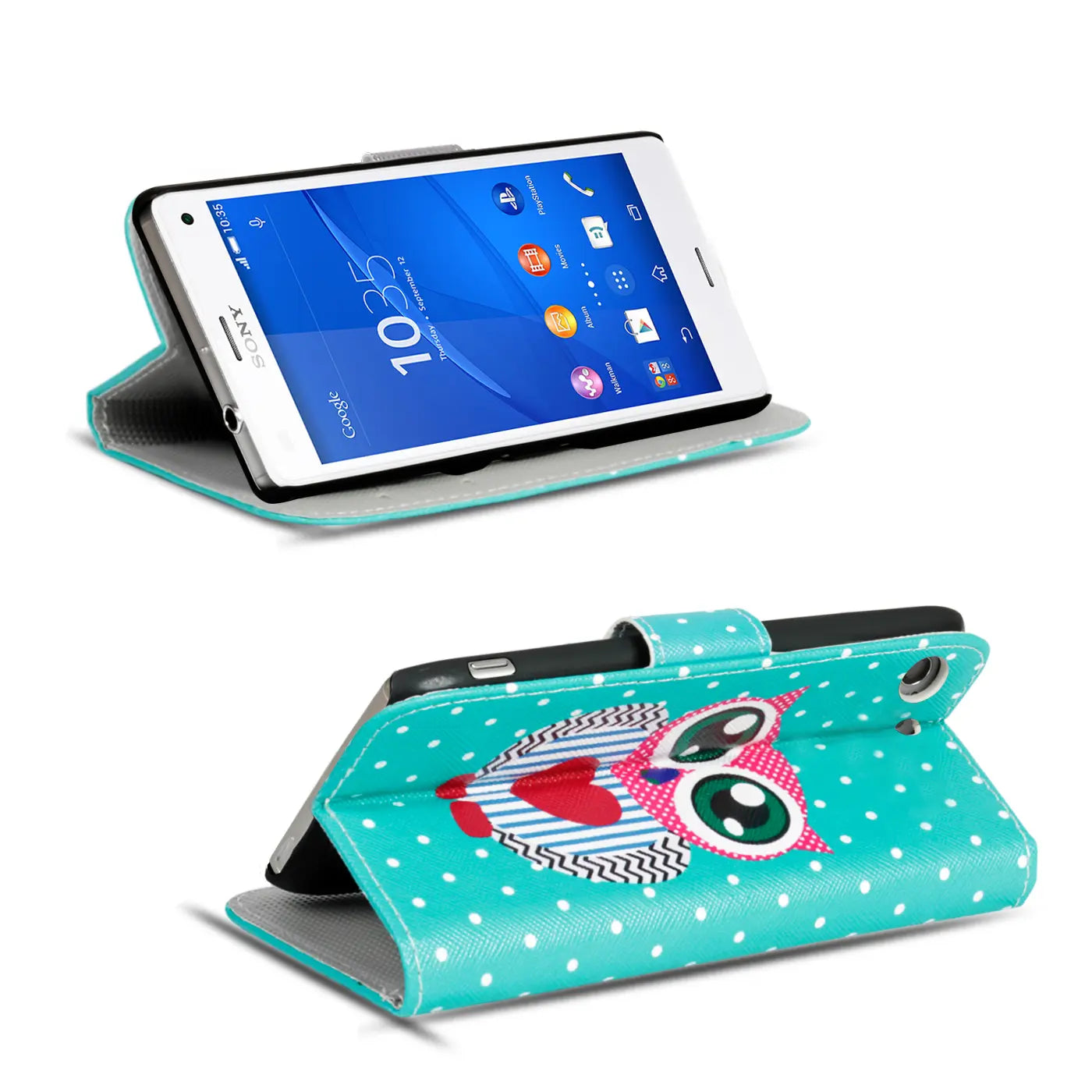 Türkisblaue Klapphülle mit Eulenmotiv für Sony Xperia Z3+, Kunstleder, von vorne und schräg