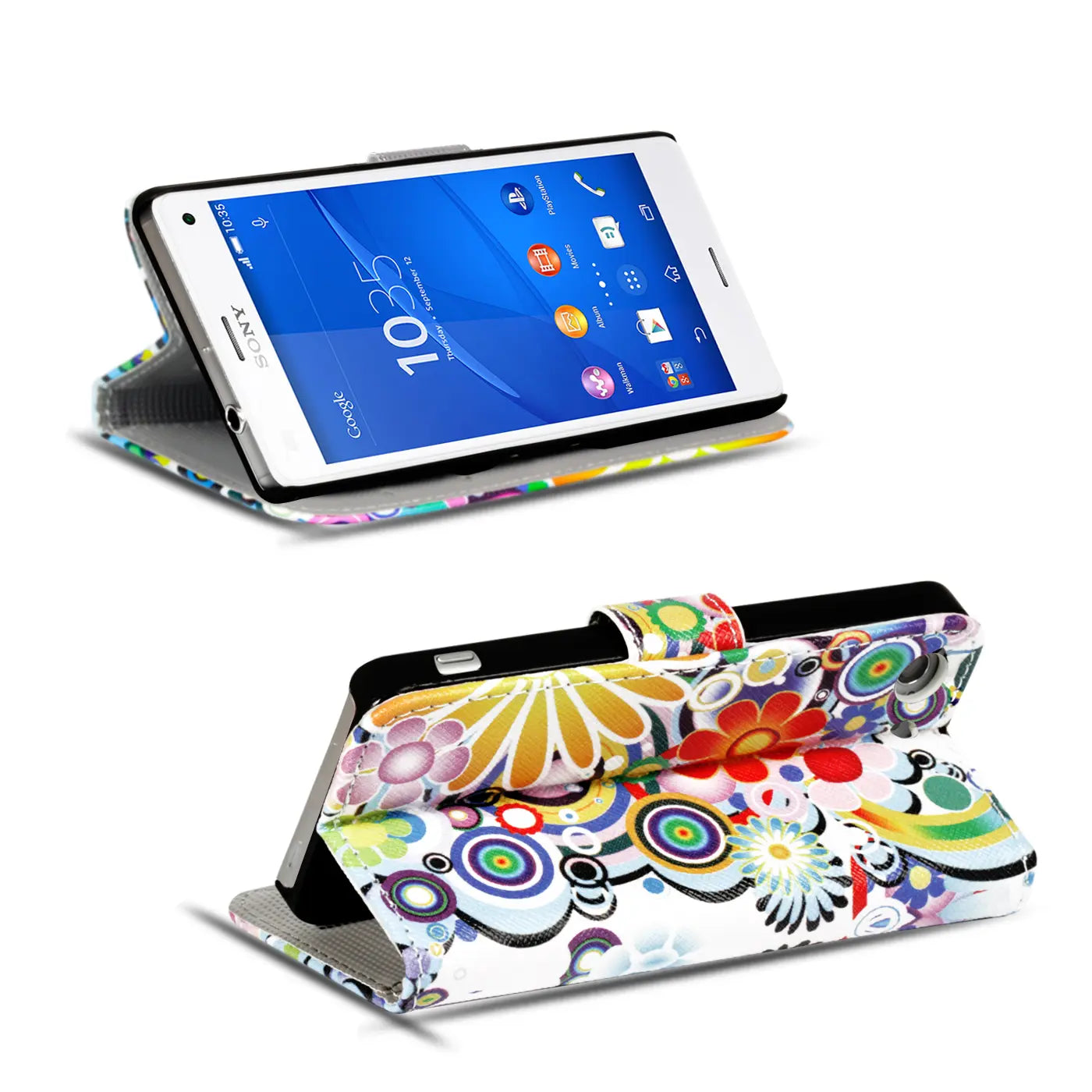 Sony Xperia Z3+ Klapphülle, buntes Blumenmuster, Leder, von vorne und schräg