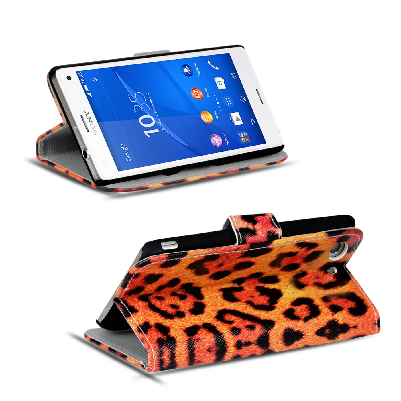 Sony Xperia Z3+ Klapphülle, orange/schwarz, Leopardenmuster, Leder, von vorne/hinten