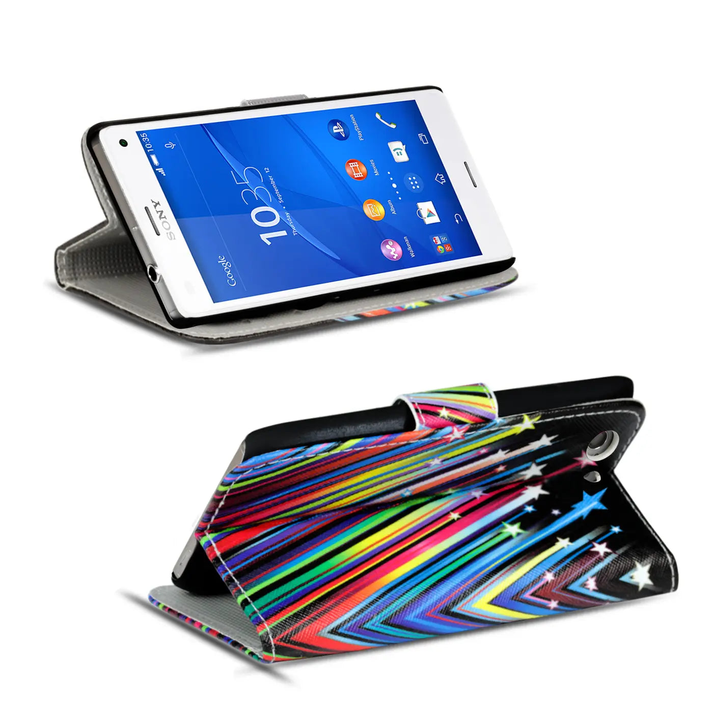Sony Xperia Z3+ Klapphülle, buntes Sternenmotiv, Kunstleder, von vorne und unten gezeigt