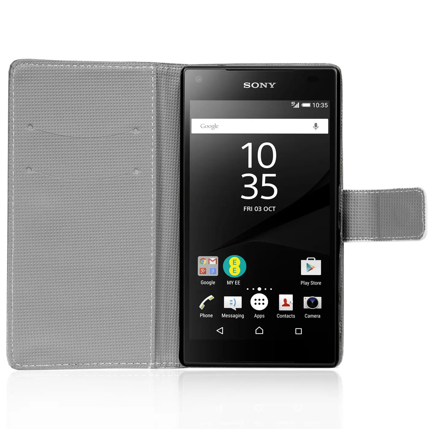 Graue Klapphülle aus Stoff mit Kartenfach, Sony Xperia Z5 Compact, Frontalansicht