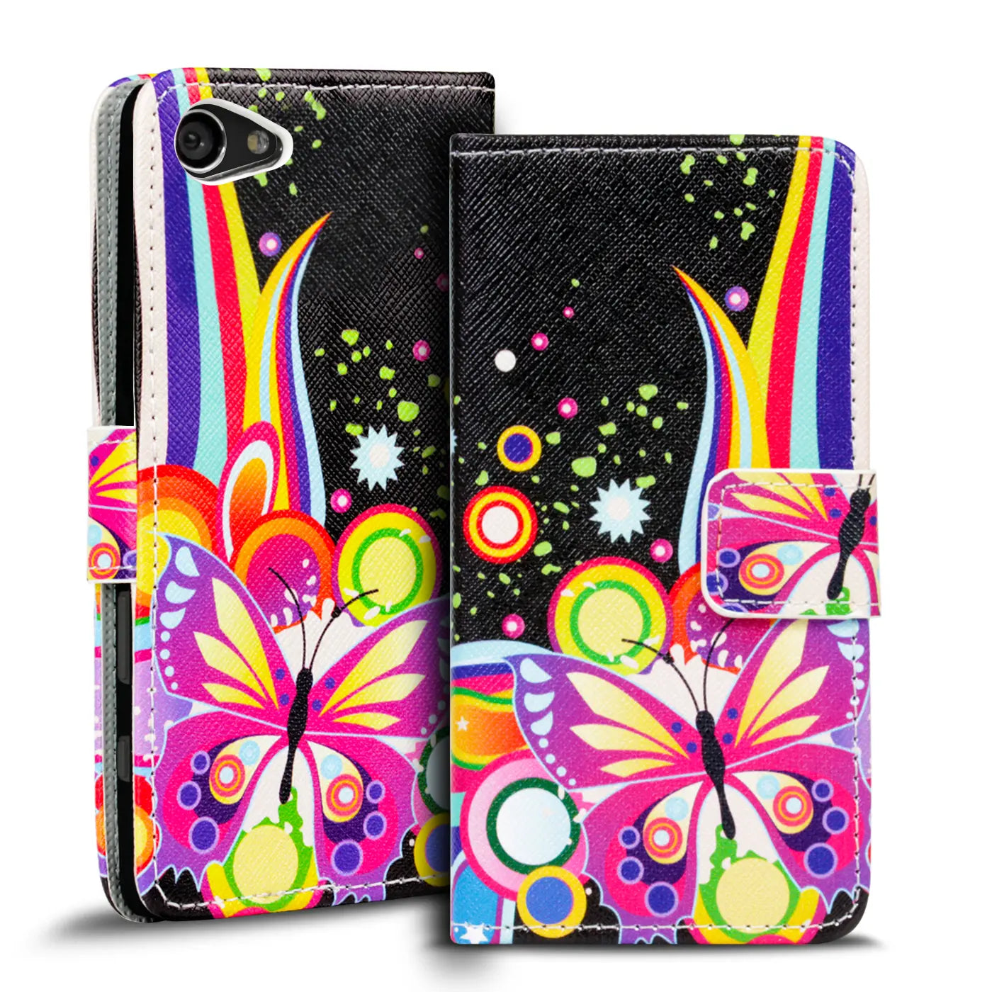 Sony Xperia Z5 Compact Klapphülle, Kunstleder, bunte Schmetterlinge, von vorne