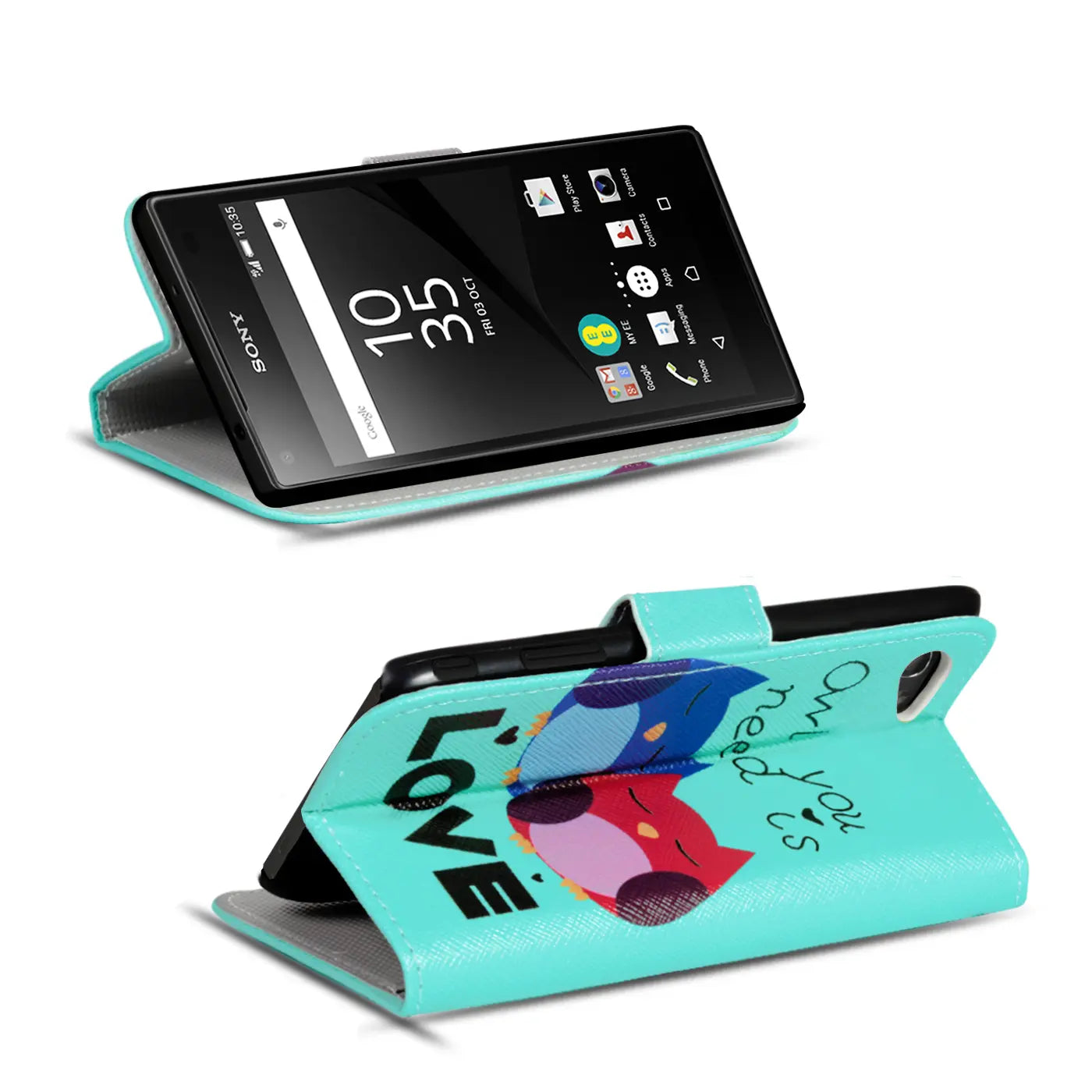 Sony Xperia Z5 Compact Klapphülle, mintgrün, Kunstleder, Motiv Eulen, Kartenfach
