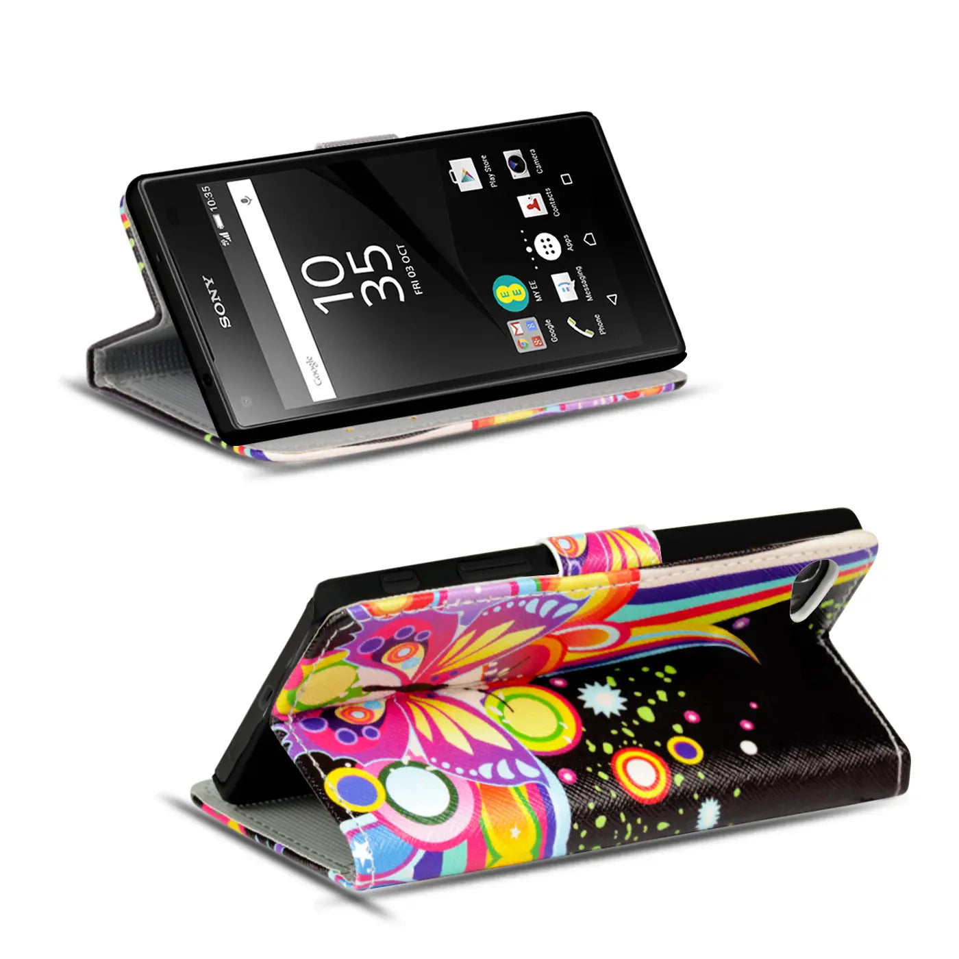 Sony Xperia Z5 Compact Klapphülle, buntes Schmetterlingsmotiv, Kunstleder, von vorne