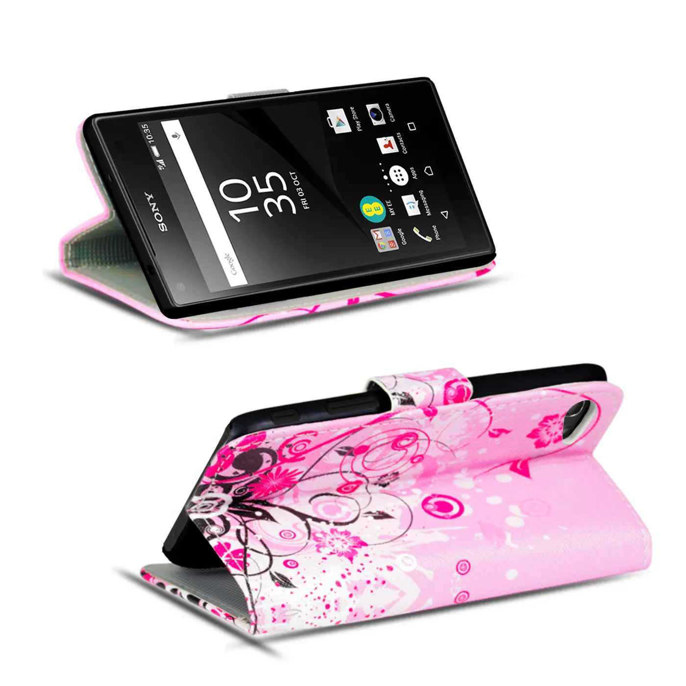 Sony Xperia Z5 Compact Klapphülle, pink, Blumenmuster, Leder, von vorne/oben