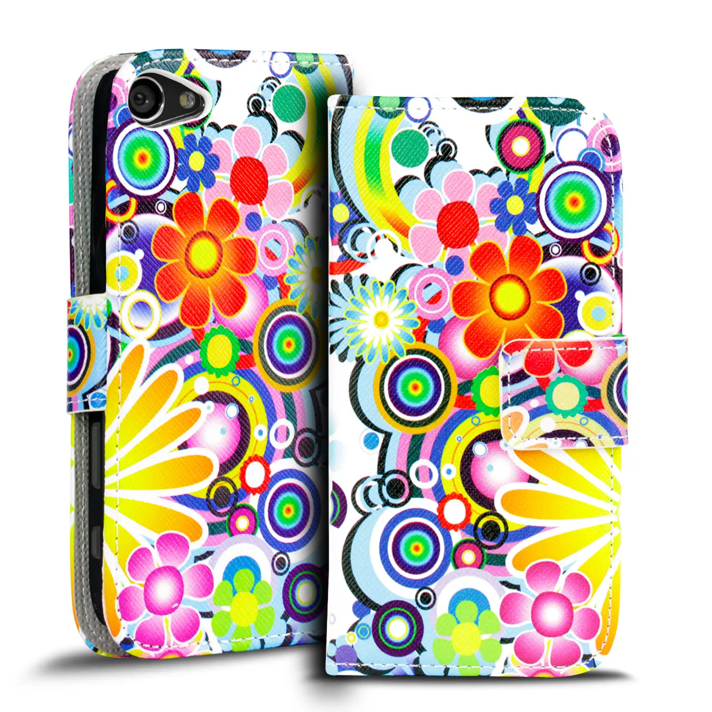 Sony Xperia Z5 Compact Klapphülle, buntes Blumenmuster, Leder, Vorderansicht
