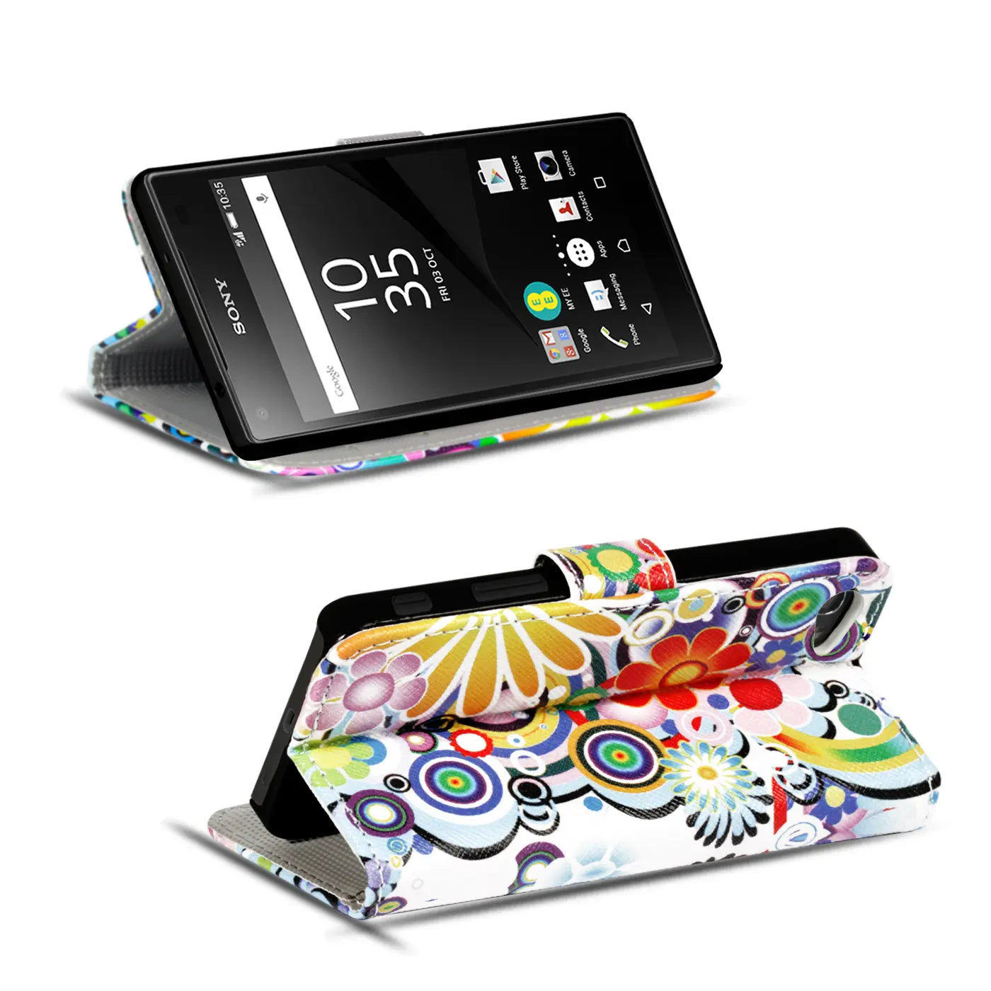 Sony Xperia Z5 Compact Klapphülle, buntes Blumenmuster, Kunstleder, von vorne