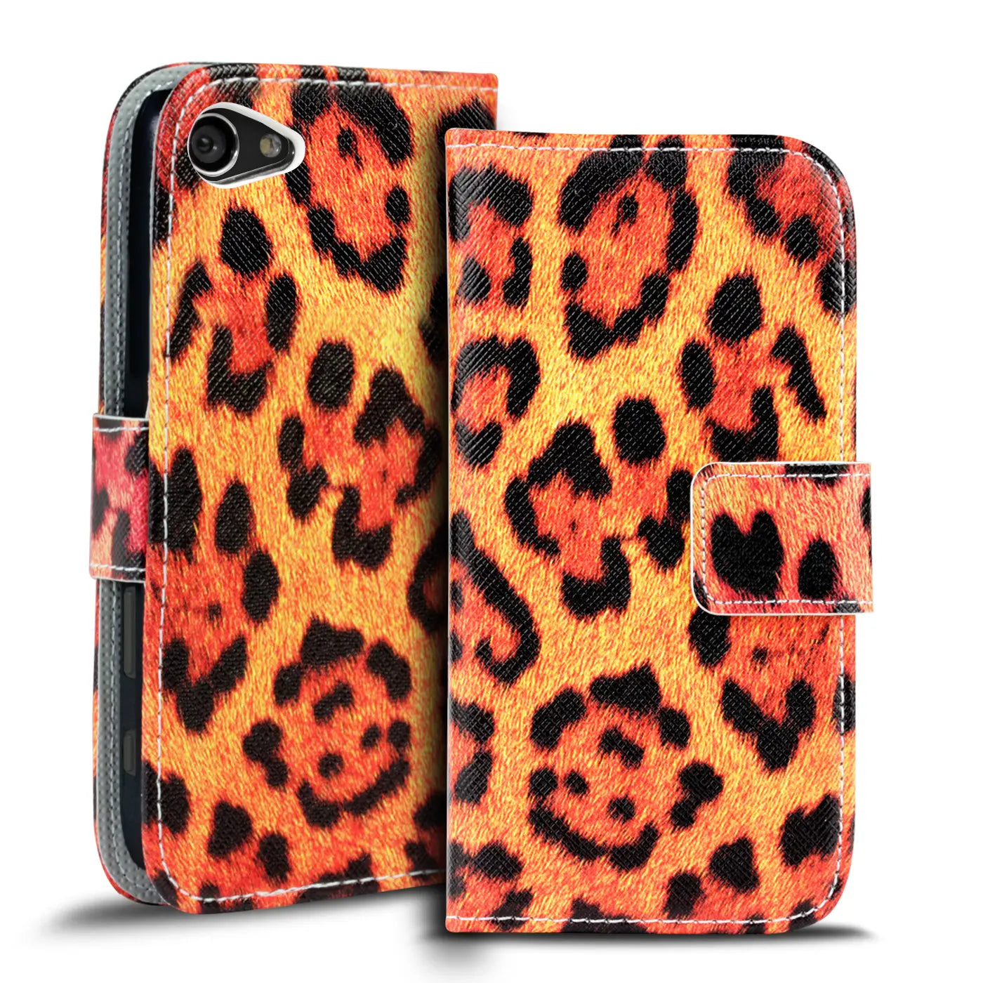 Orange/schwarze Leopardenmuster-Klapphülle aus Kunstleder, Vorderansicht, für Sony Xperia Z5 Compact.
