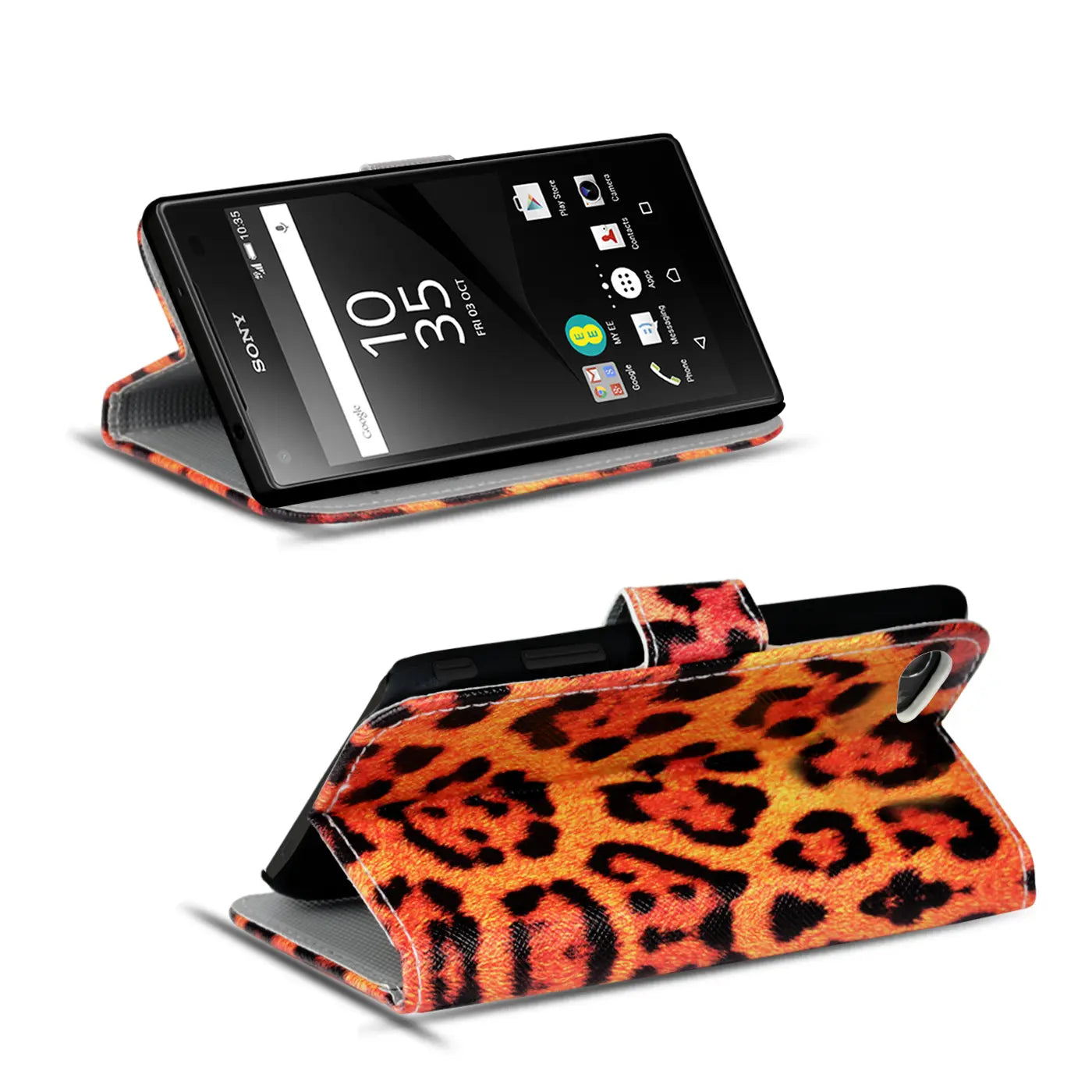 Sony Xperia Z5 Compact Klapphülle, orange/schwarz, Leopardenmuster, Lederoptik
