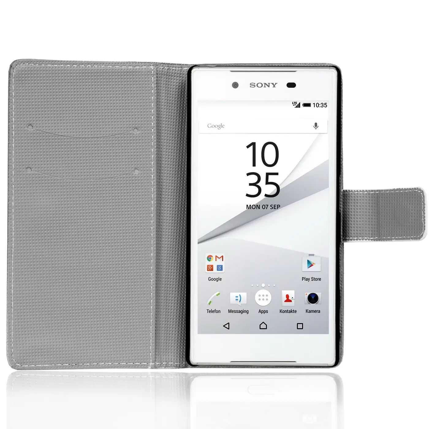 Graue Klapphülle aus Stoff mit Kartenfach, Sony Xperia Z5, von vorne gezeigt.