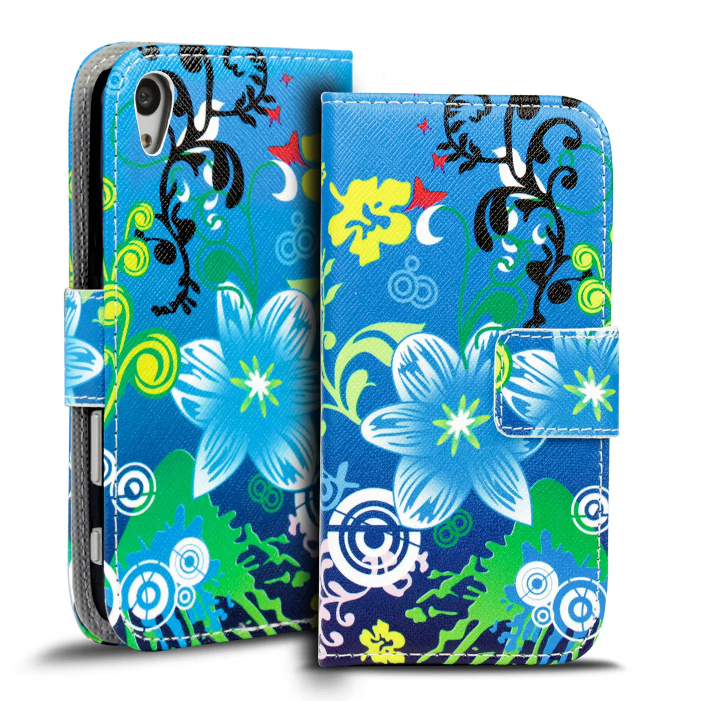 Blaue Klapphülle mit Blumenmuster für Sony Xperia Z5, Leder, von vorne