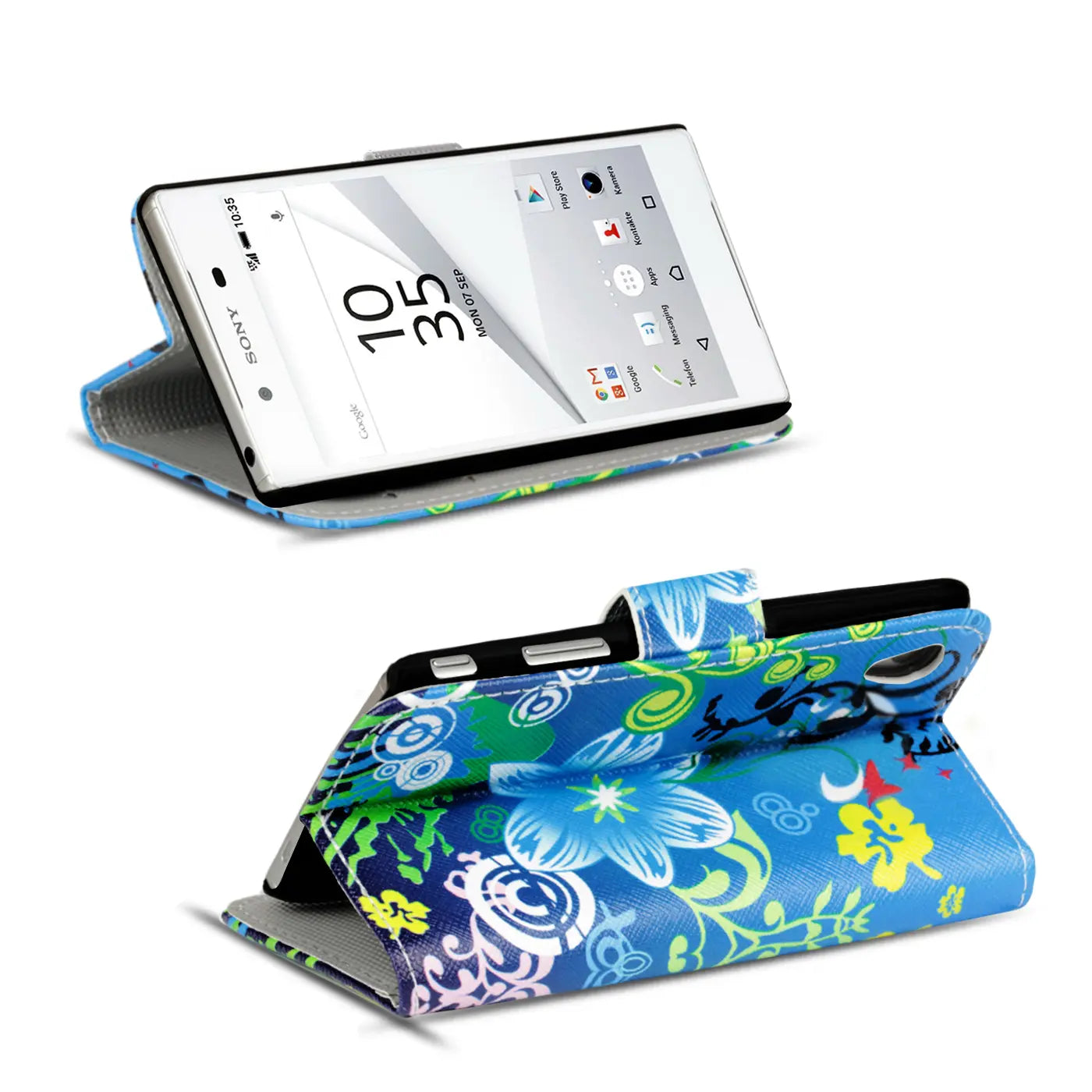 Blaue Klapphülle mit Blumenmuster für Sony Xperia Z5, Leder, von vorne und schräg