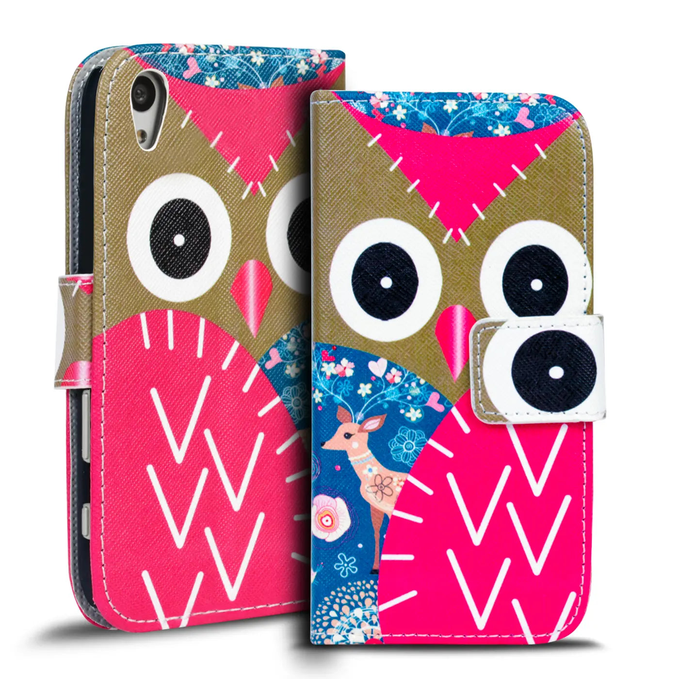 Klapphülle mit Eulenmotiv, braun/pink, Leder, Vorderansicht, für Sony Xperia Z5.