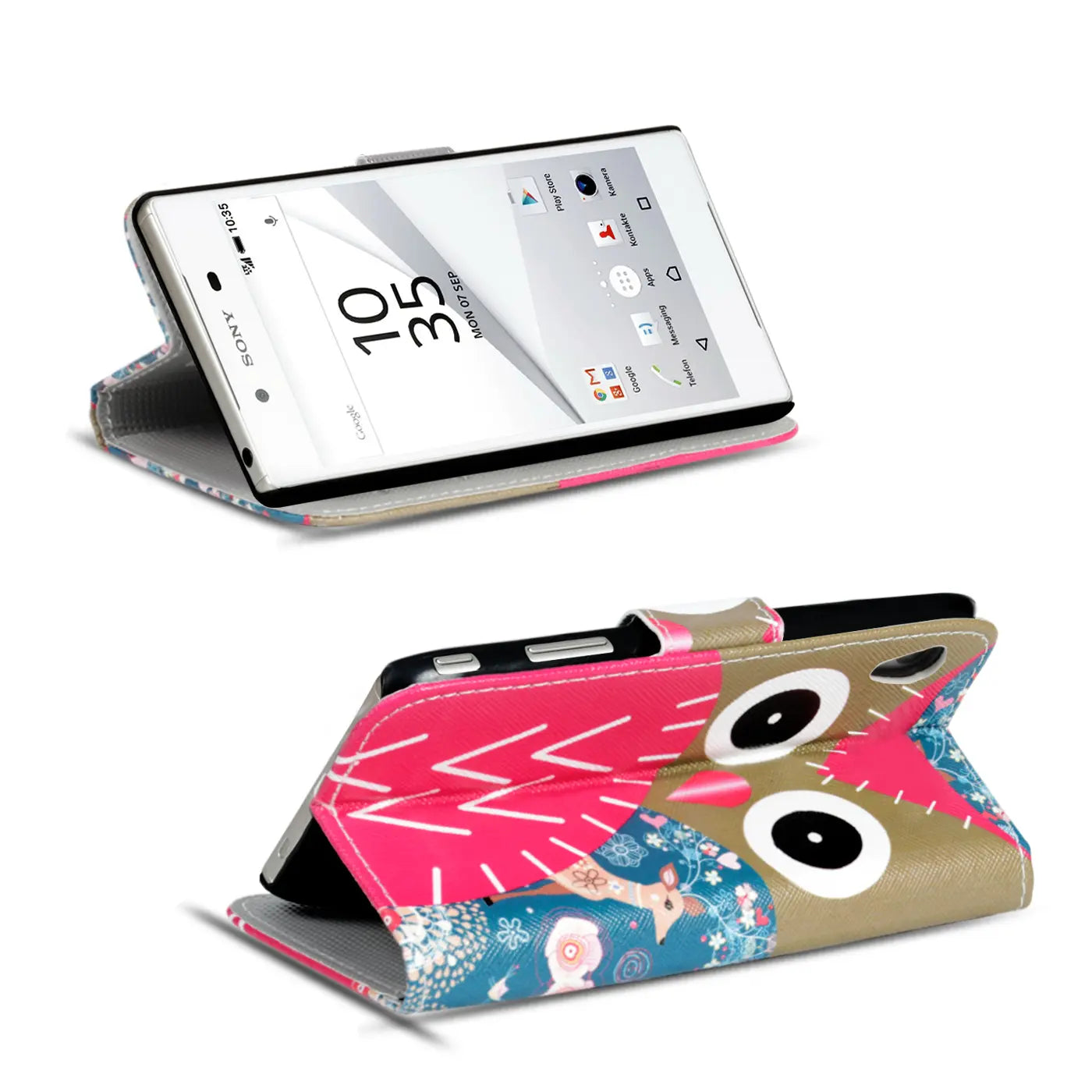 Sony Xperia Z5 Klapphülle aus Kunstleder mit Eulenmotiv, von vorne und oben gezeigt.