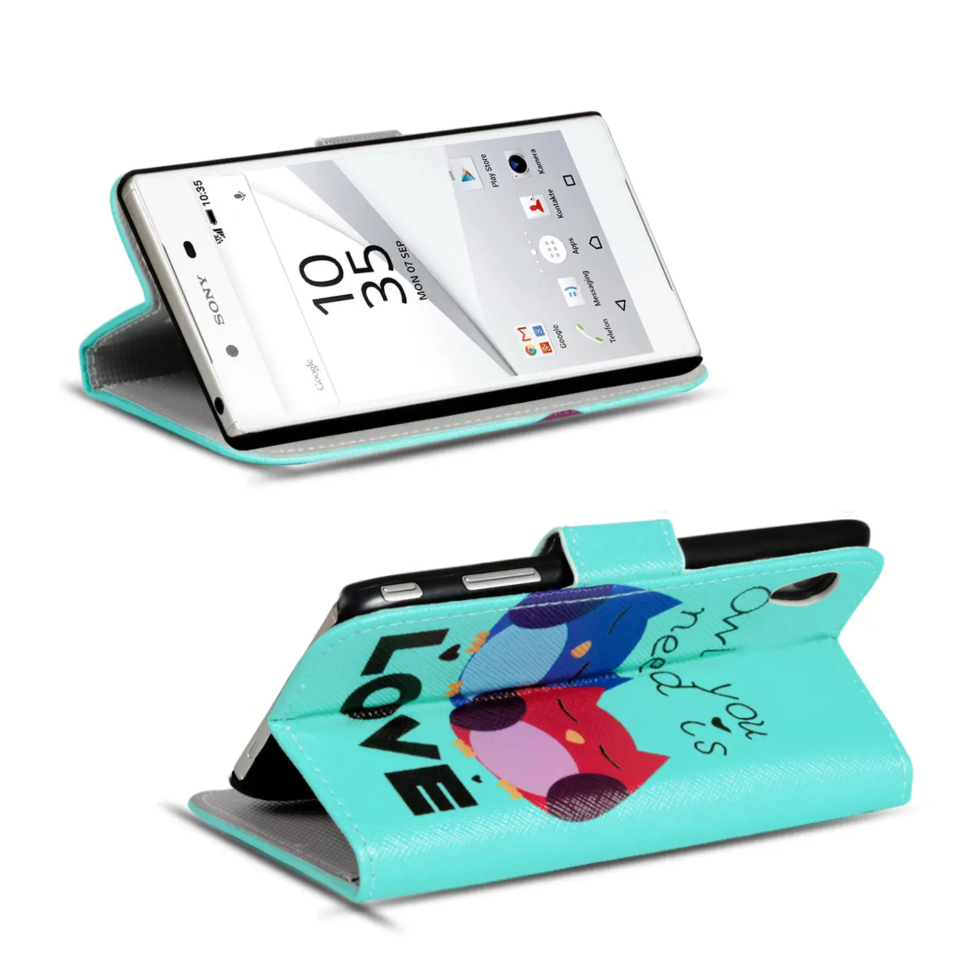 Türkisblaue Klapphülle mit Eulenmotiv für Sony Xperia Z5, Kunstleder, von vorne/oben.