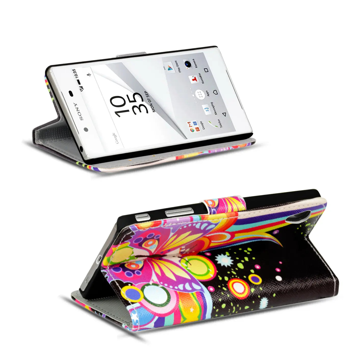 Sony Xperia Z5 Klapphülle, buntes Schmetterlingsmotiv, Kunstleder, von vorne/oben