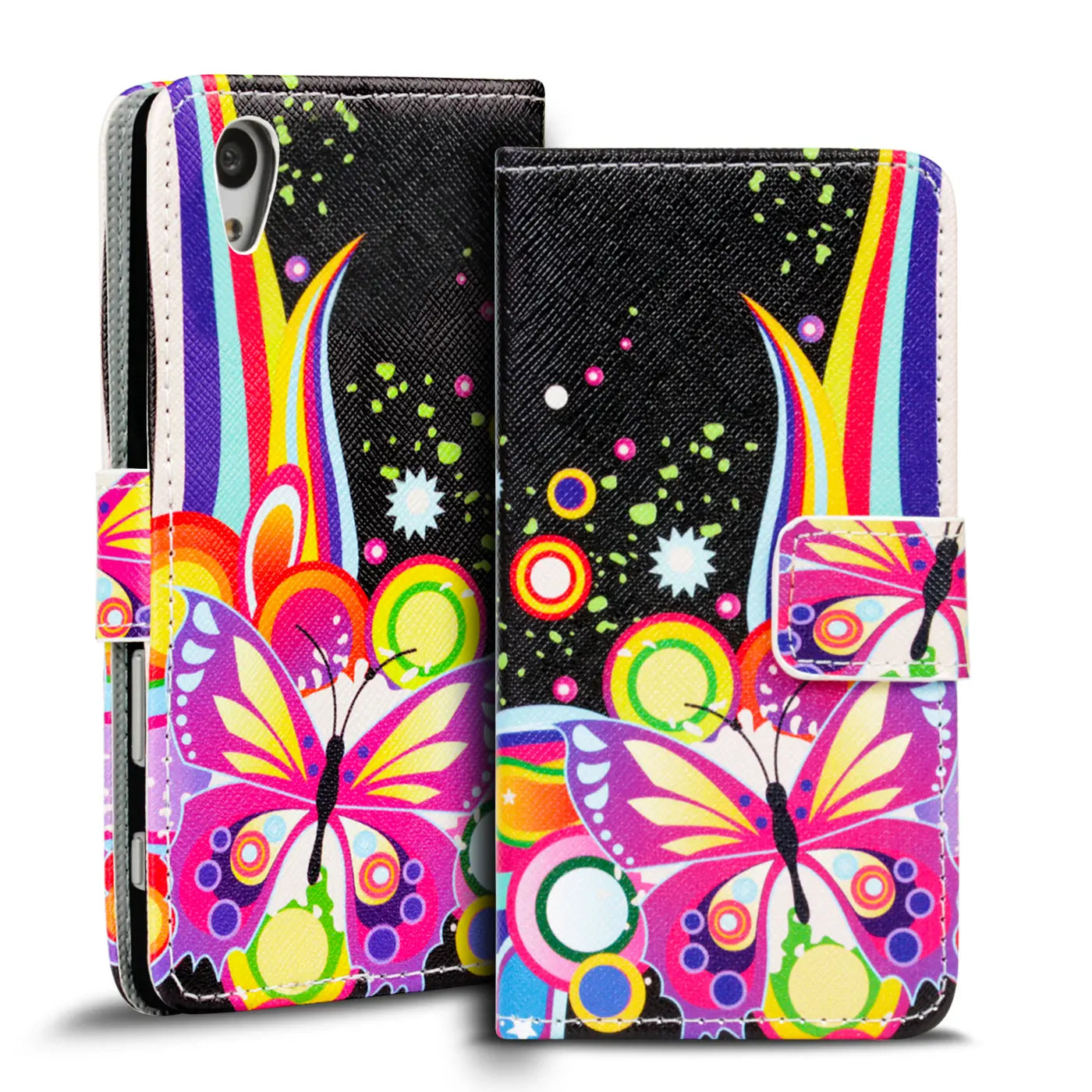 Bunte Schmetterlings-Klapphülle mit Kartenfach für Sony Xperia Z5, Leder, Vorderansicht.