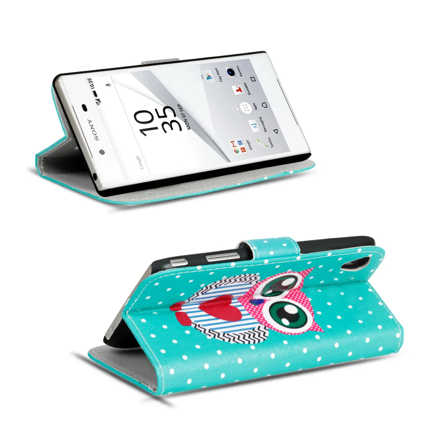 Türkis-weiße Punkte-Klapphülle mit Eulenmotiv, Leder, Sony Xperia Z5, von vorne