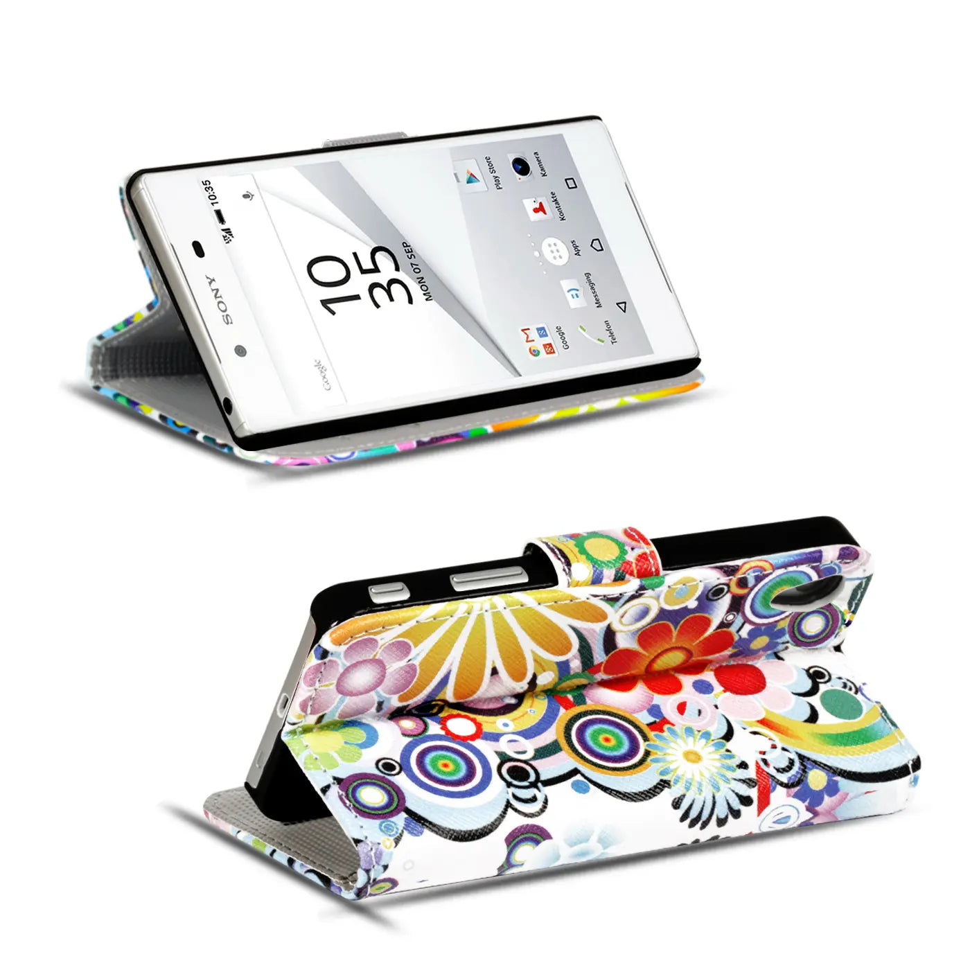 Sony Xperia Z5 Klapphülle, buntes Blumenmuster, Kunstleder, von vorne/oben