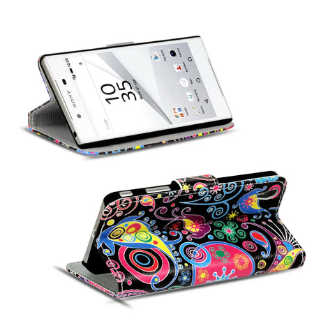 Klapphülle mit buntem Motivdesign für Sony Xperia Z5 – mit Kartenfach und Magnetverschluss