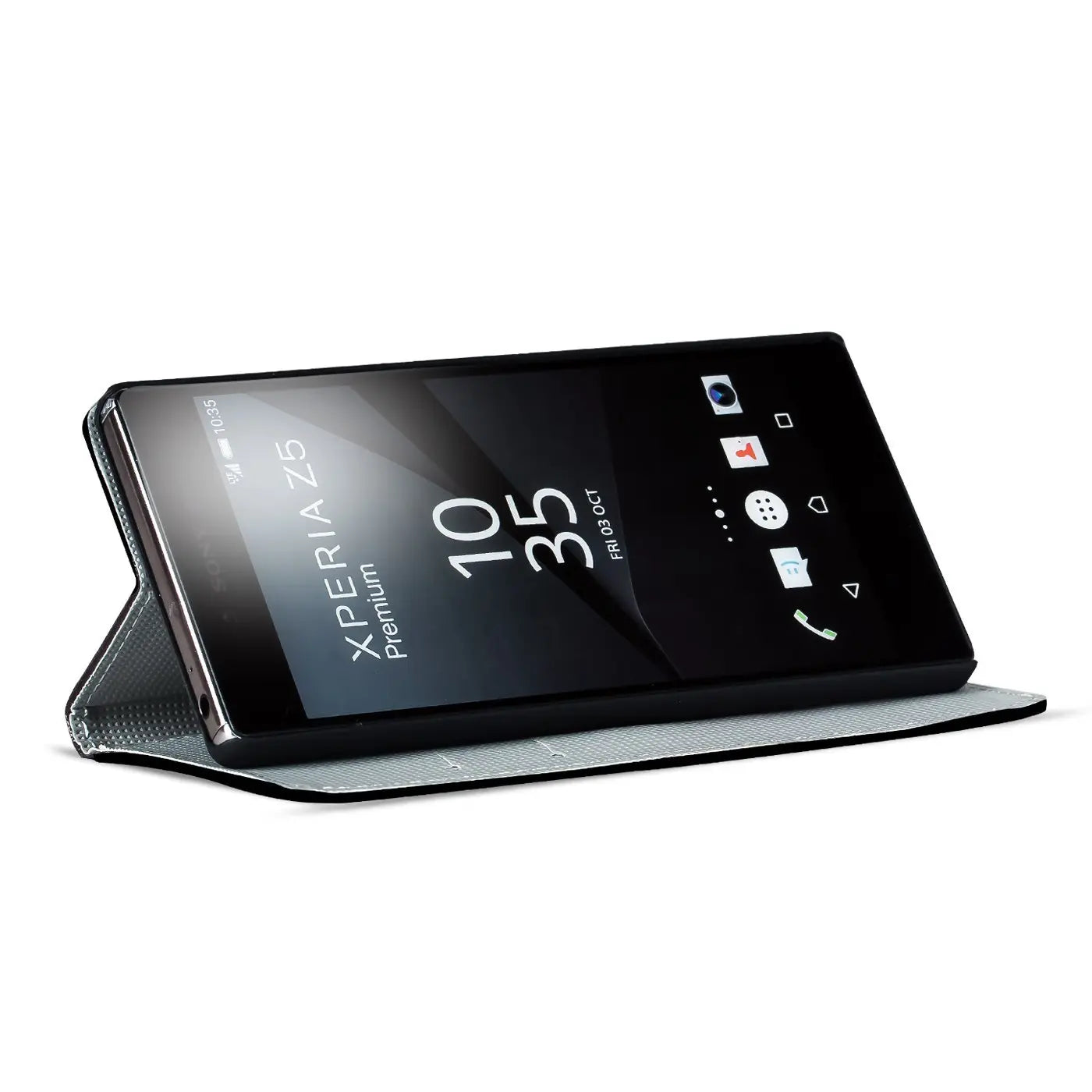 Sony Xperia Z5 Premium in grauer Klapphülle aus Kunstleder, von vorne schräg gezeigt.