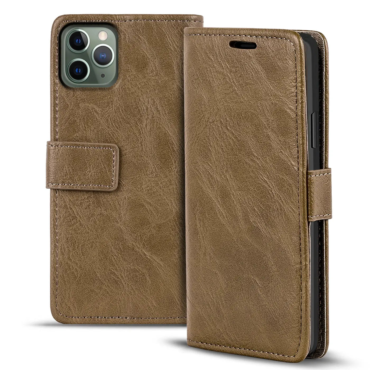 Braune Leder-Klapphülle mit Geldfach für iPhone 11 Pro, Seitenansicht.