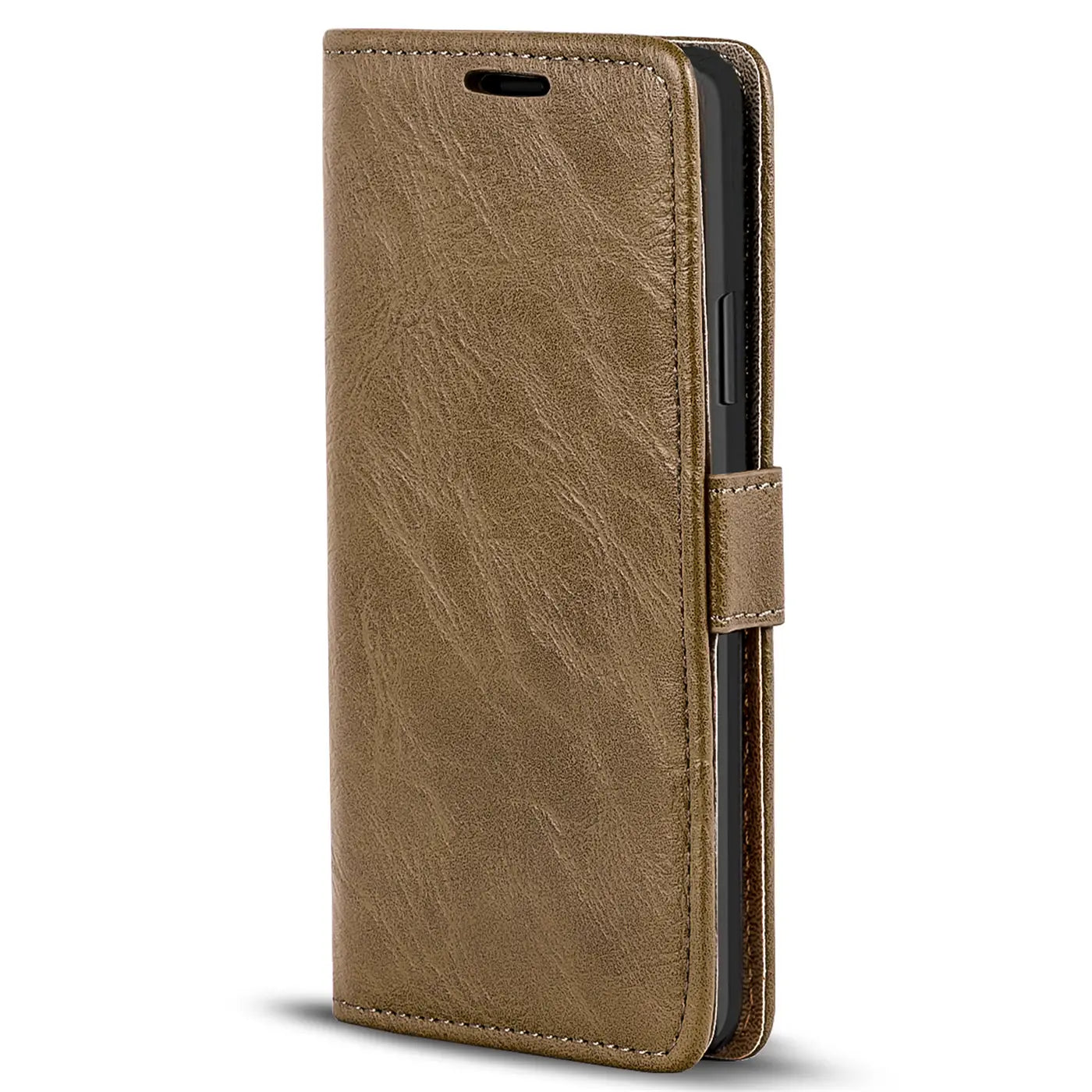 Braune Kunstleder-Klapphülle für iPhone 11 Pro, Seitenansicht.