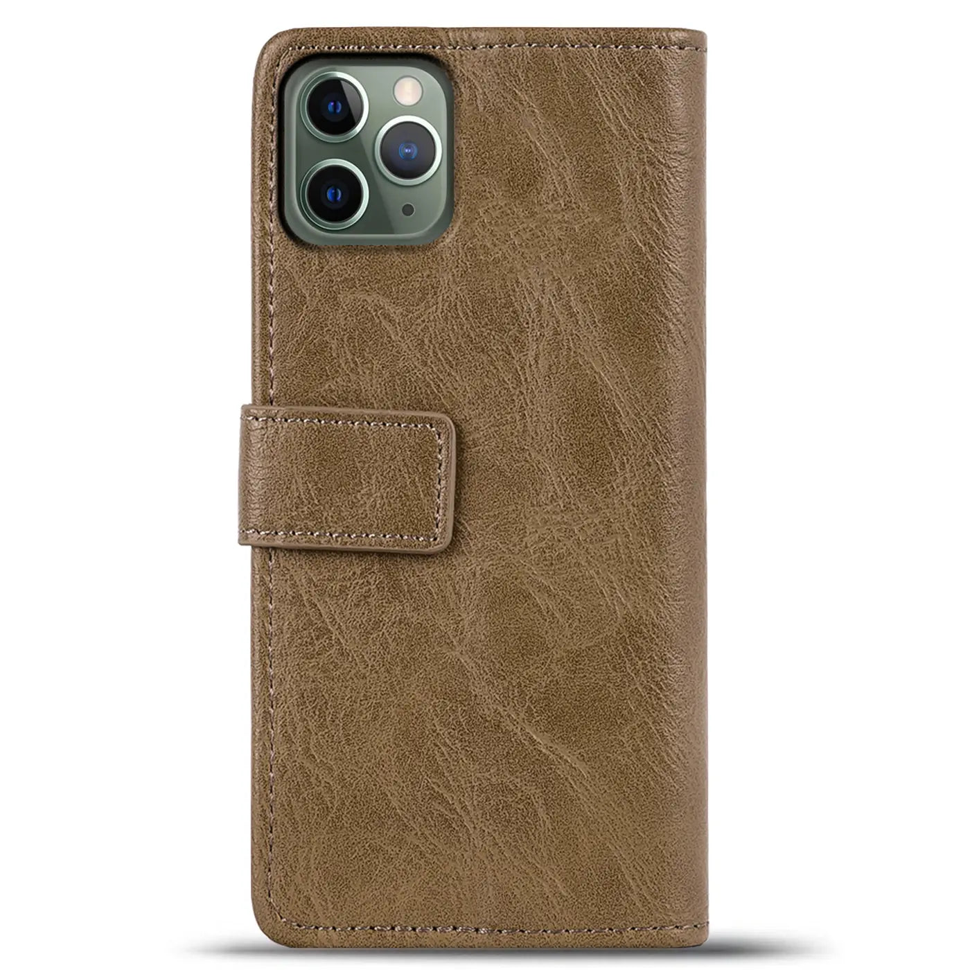 Braune Leder-Klapphülle mit Magnetverschluss für iPhone 11 Pro, von vorne fotografiert.
