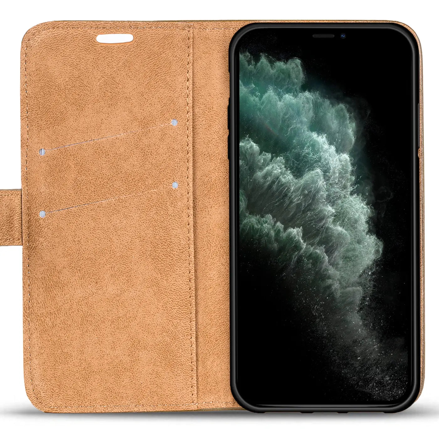 Braune Kunstleder-Klapphülle mit Kartenfächern für iPhone 11 Pro, von vorne gezeigt.