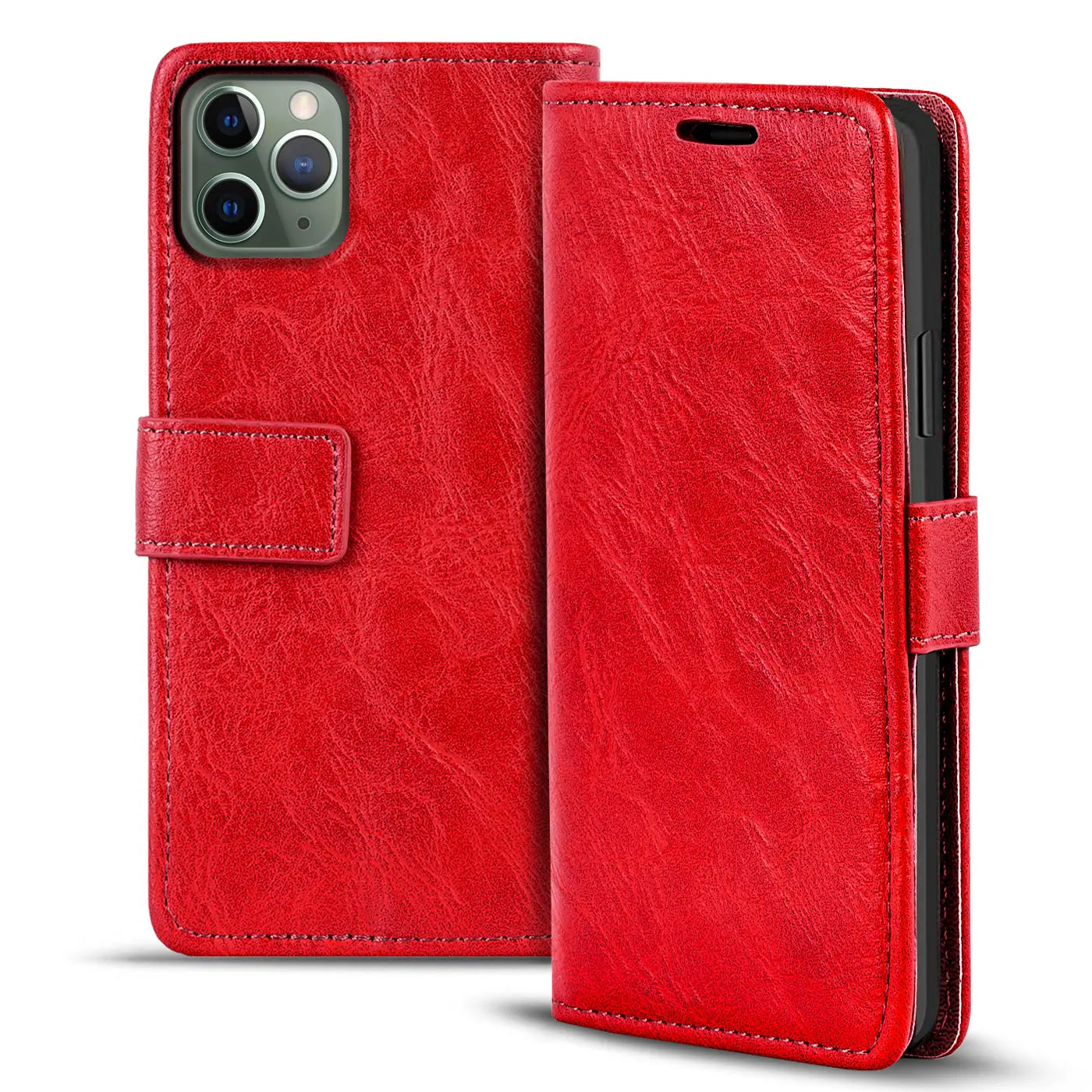 Rote Leder-Klapphülle für iPhone 11 Pro, von vorne, mit offenem Verschluss.