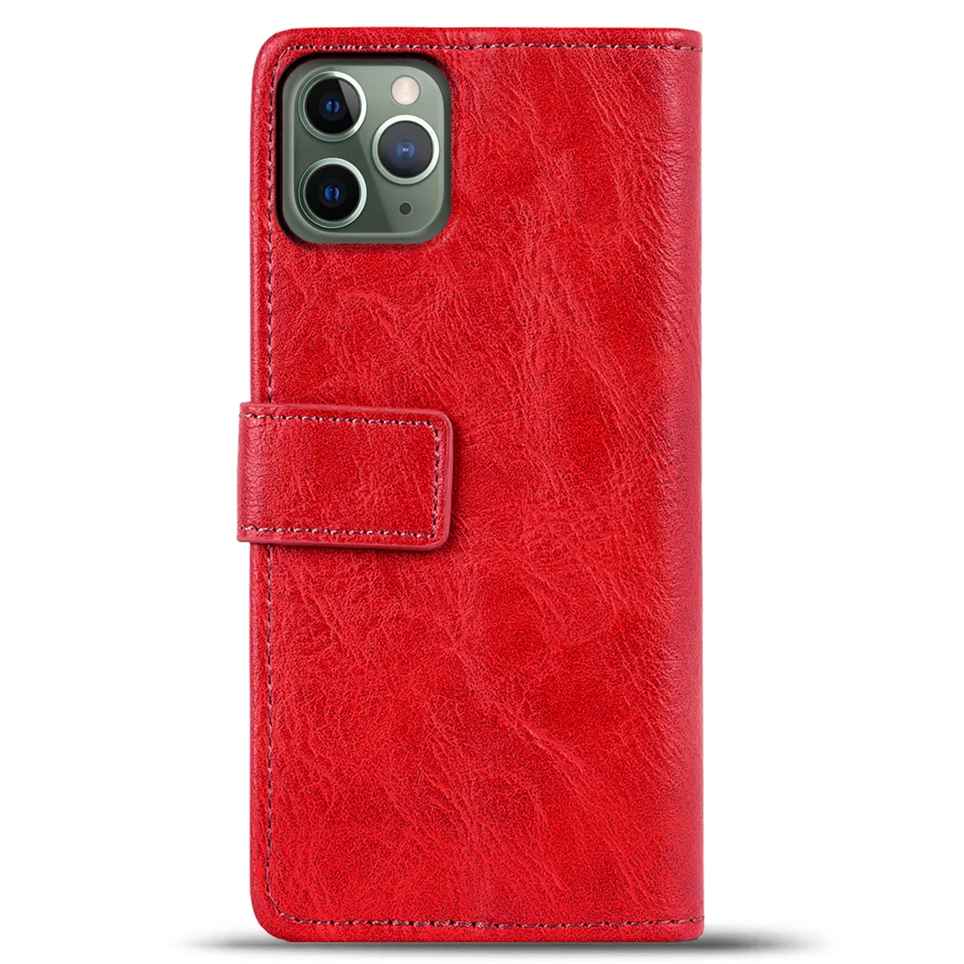 Rote Leder-Klapphülle mit Geldfach für iPhone 11 Pro, von vorne gezeigt.