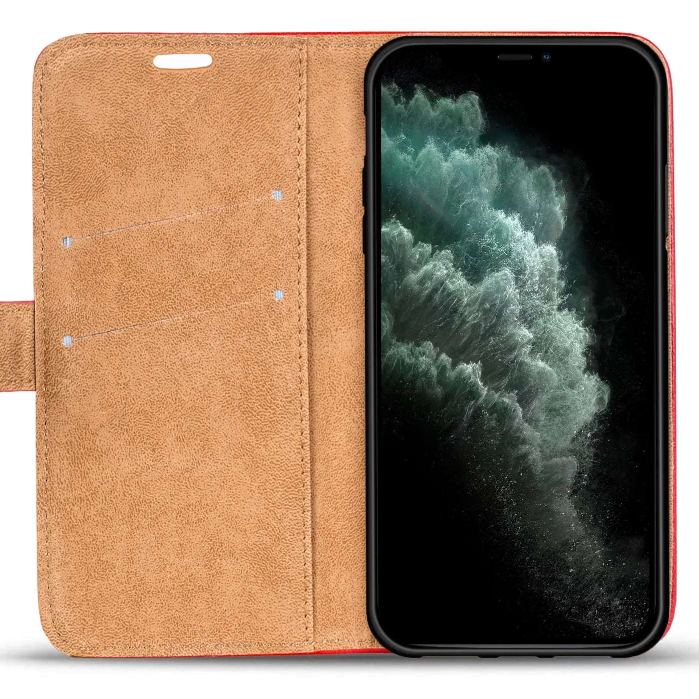Rote Kunstleder-Klapphülle mit braunem Innenfutter, zeigt iPhone 11 Pro.