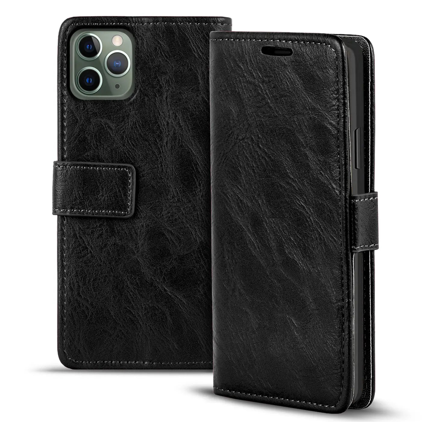Schwarze Leder-Klapphülle für iPhone 11 Pro, von vorne/seitlich