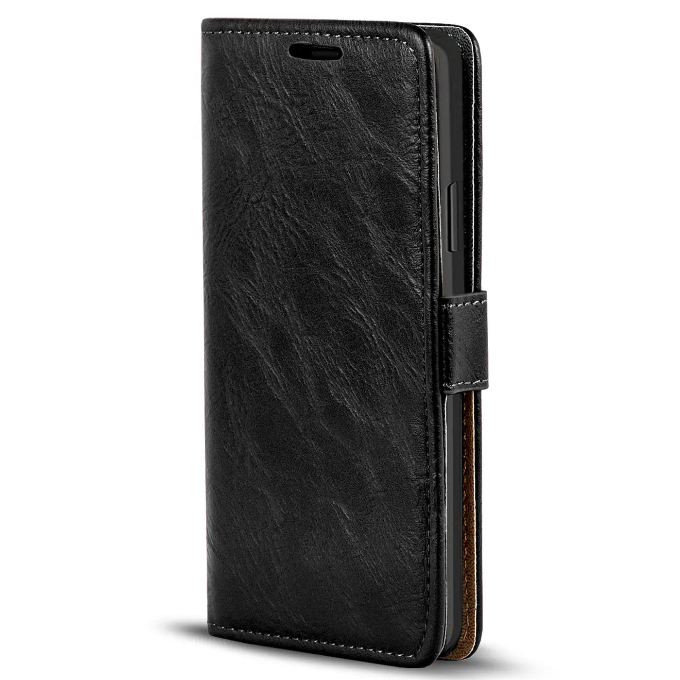 Schwarze Leder-Klapphülle für iPhone 11 Pro, von vorne, mit Geldfach.