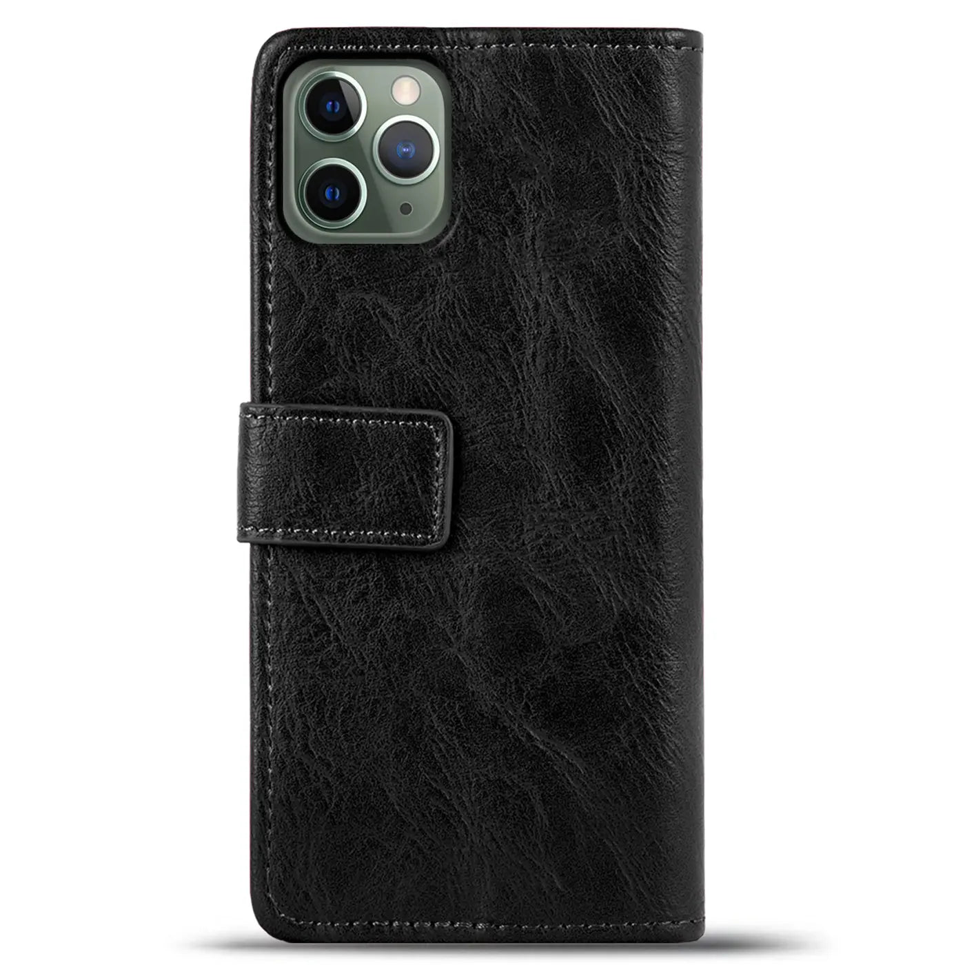 Schwarze Leder-Klapphülle mit Magnetverschluss für iPhone 11 Pro, von vorne.