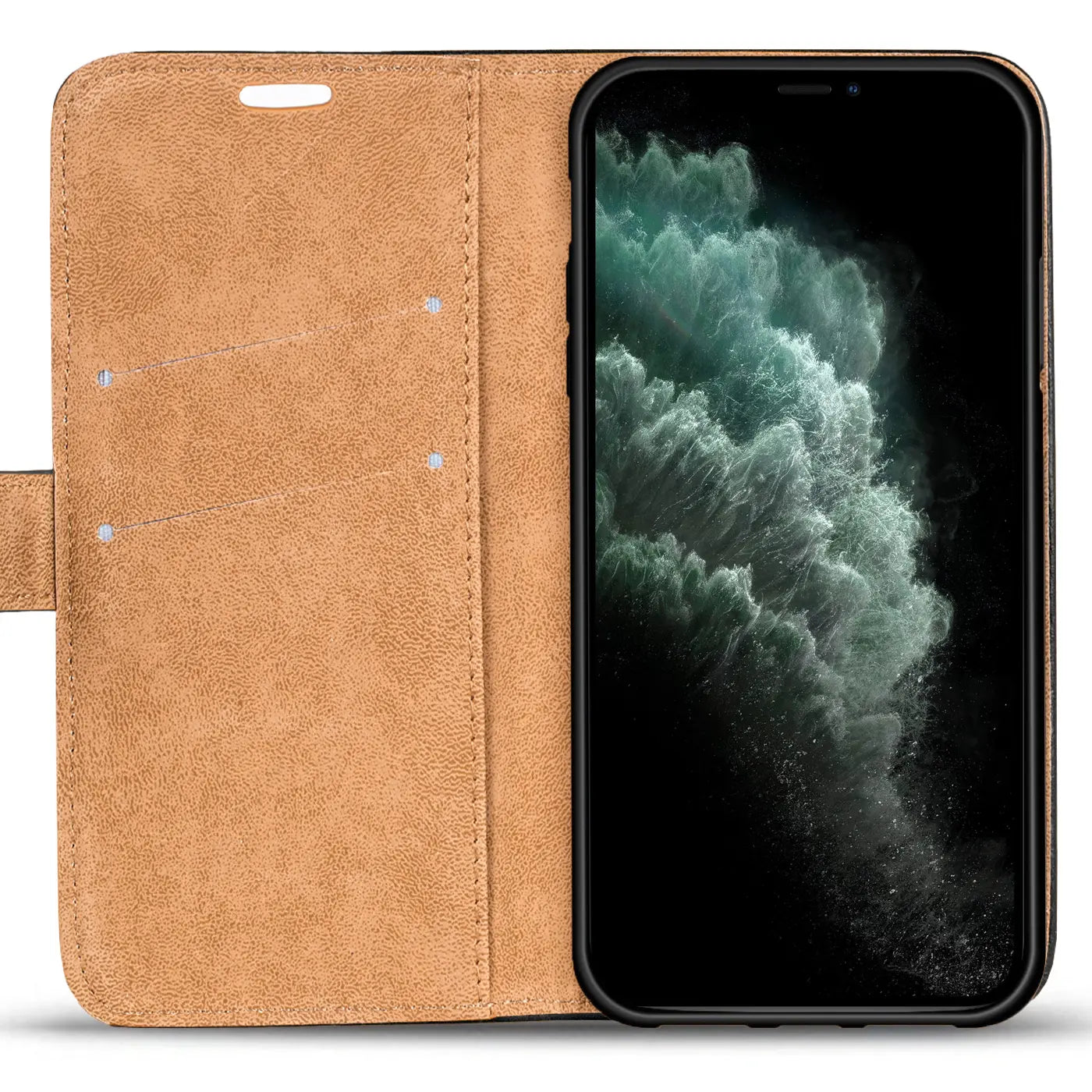 Braune Kunstleder-Klapphülle mit Kartenfächern, zeigt iPhone 11 Pro.