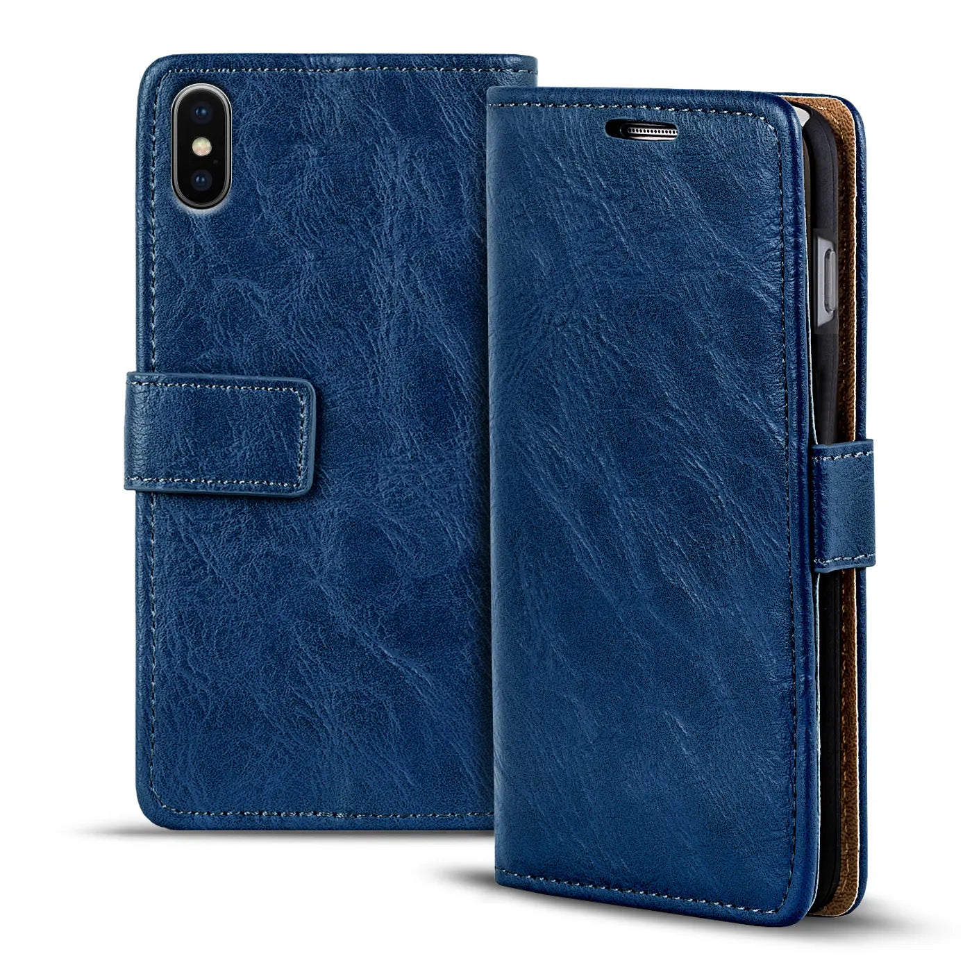 Blaue Leder-Klapphülle für iPhone Xs Max, von vorne, mit Geldfach