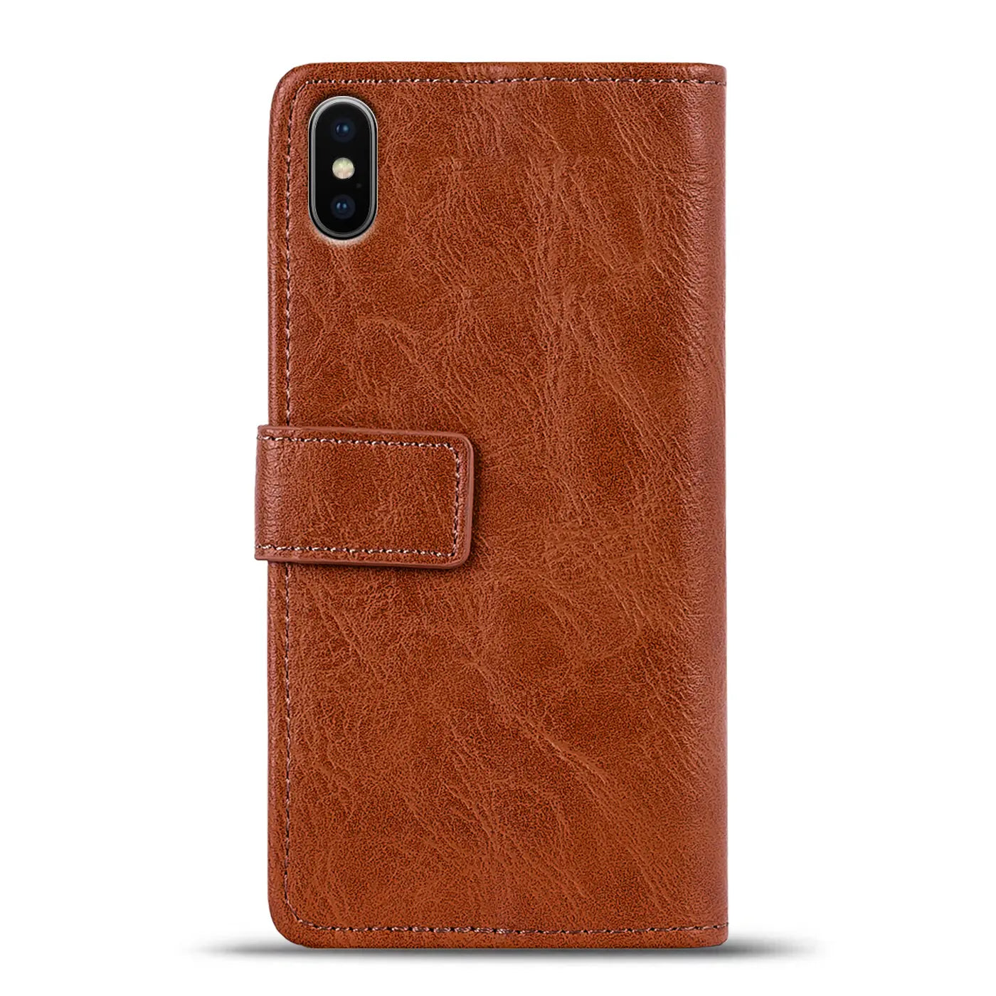 Braune Leder-Klapphülle mit Magnetverschluss für iPhone Xs Max, Vorderansicht.