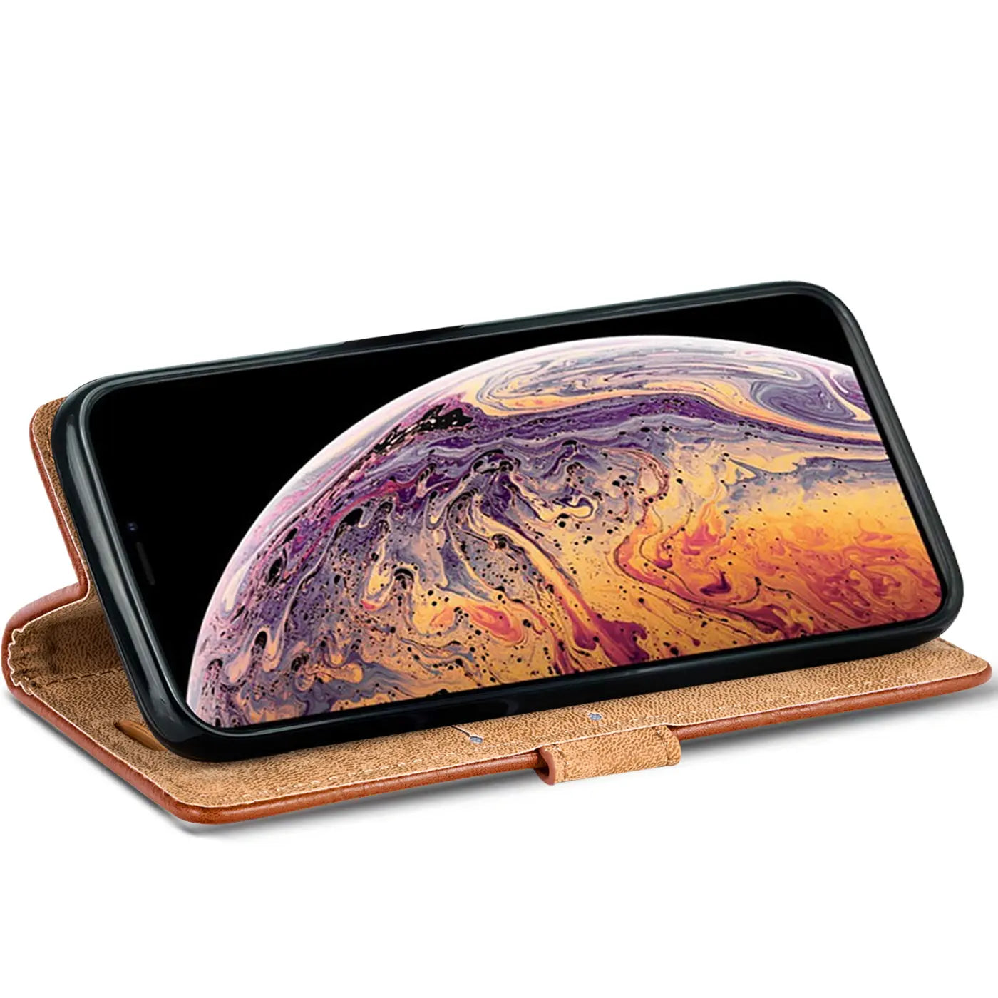 Braunes Leder-Klappcover mit Geldfach, iPhone Xs Max, Seitenansicht